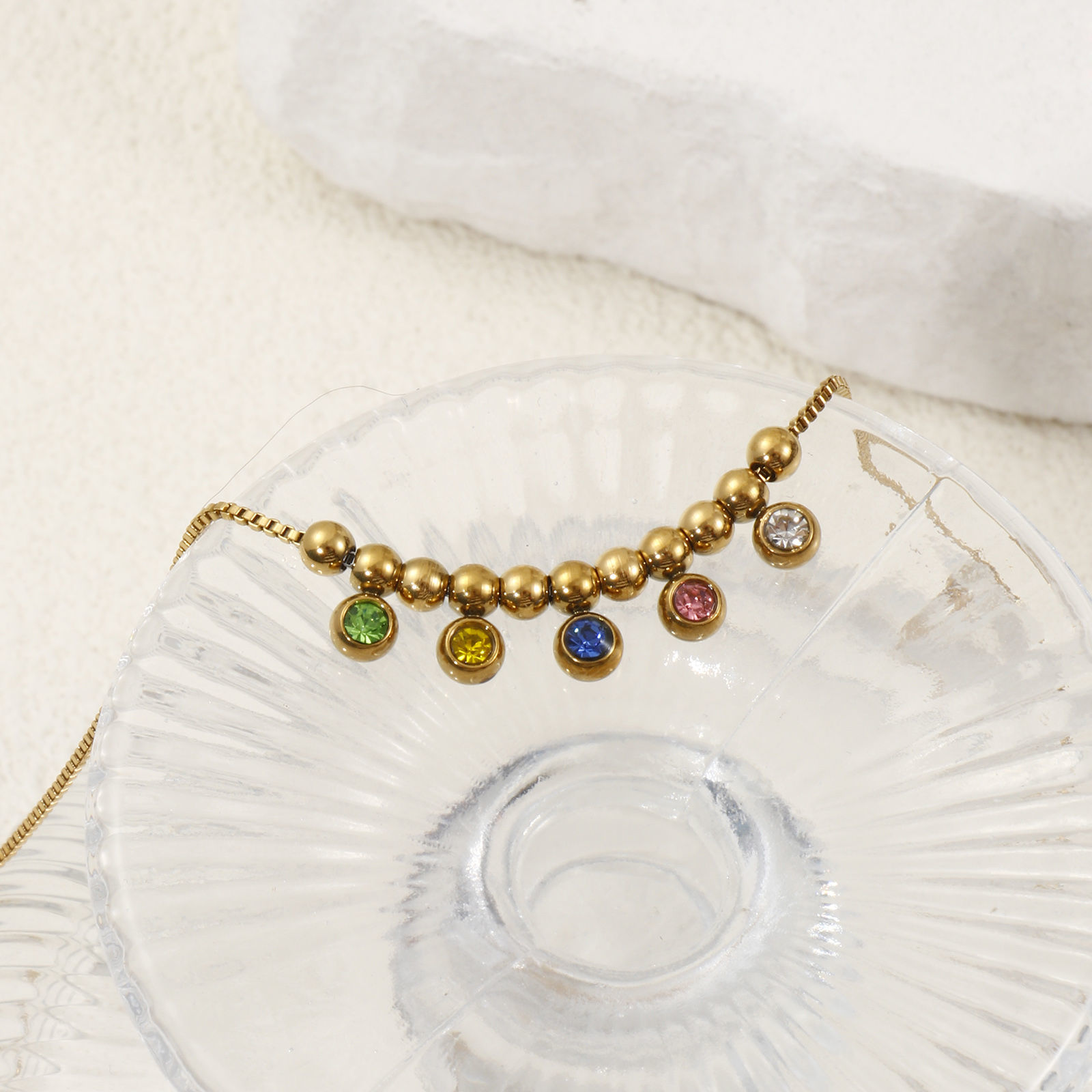 Picture of Eco-friendly PVD Vacuum Plating Stylish 18K Real Gold Plated 304 Stainless Steel & Rhinestone Box Chain Charm Anklet For Women Gift 22cm(8.7") long