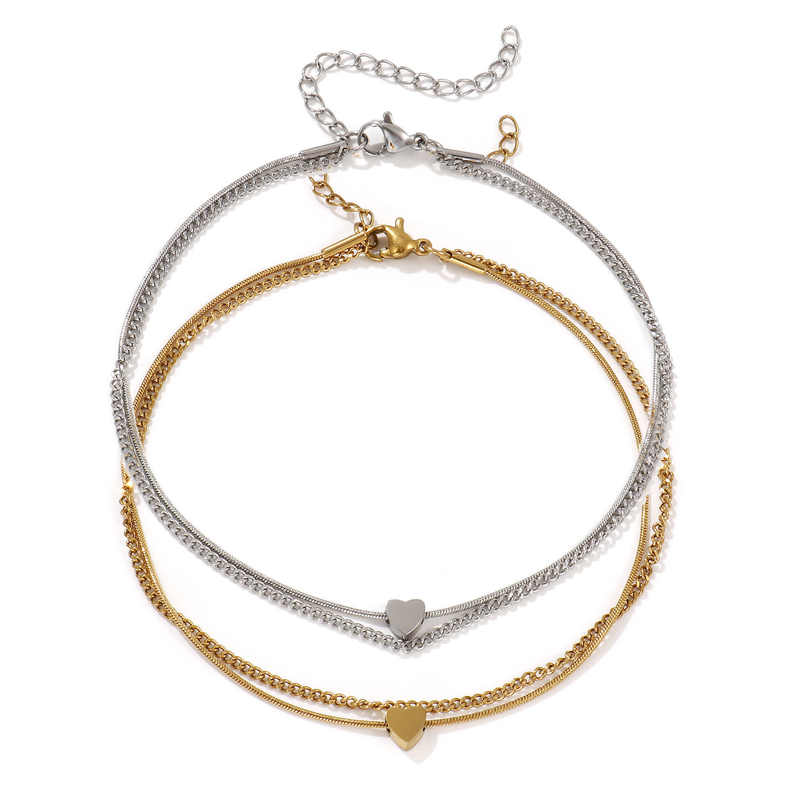 Picture of 1 Piece Eco-friendly Stylish Valentine's Day Multicolor 304 Stainless Steel Curb Link Chain Heart Multilayer Layered Anklet For Women Gift 23cm(9") long