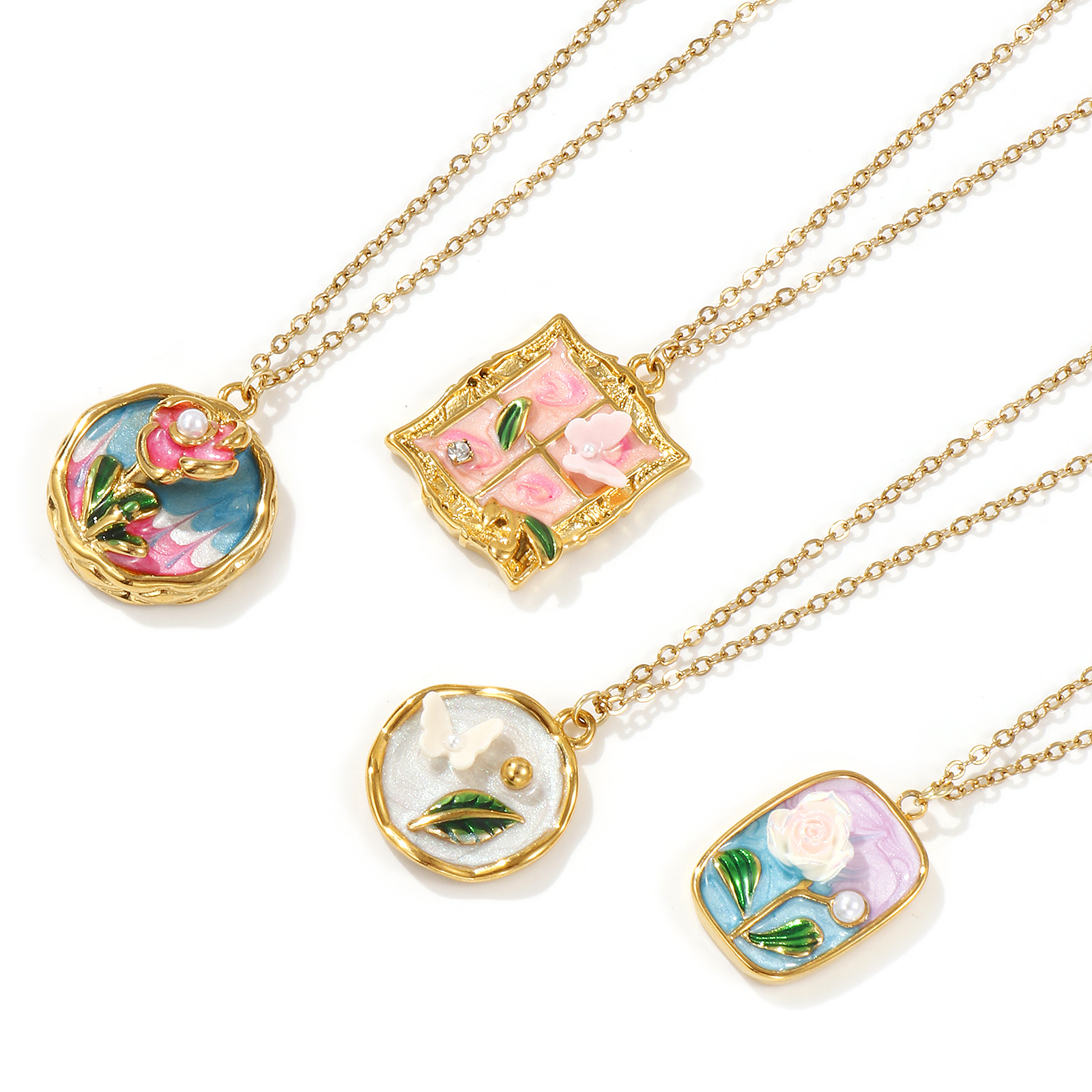 Picture of 18K Real Gold Plated Link Cable Chain Pendant Charm Necklace, 304 Stainless Steel 45cm(17.7") + 5cm(2"), For Women, Multicolor Enamel Retro Oil Painting Style Gift, Eco-friendly PVD Vacuum Plating
