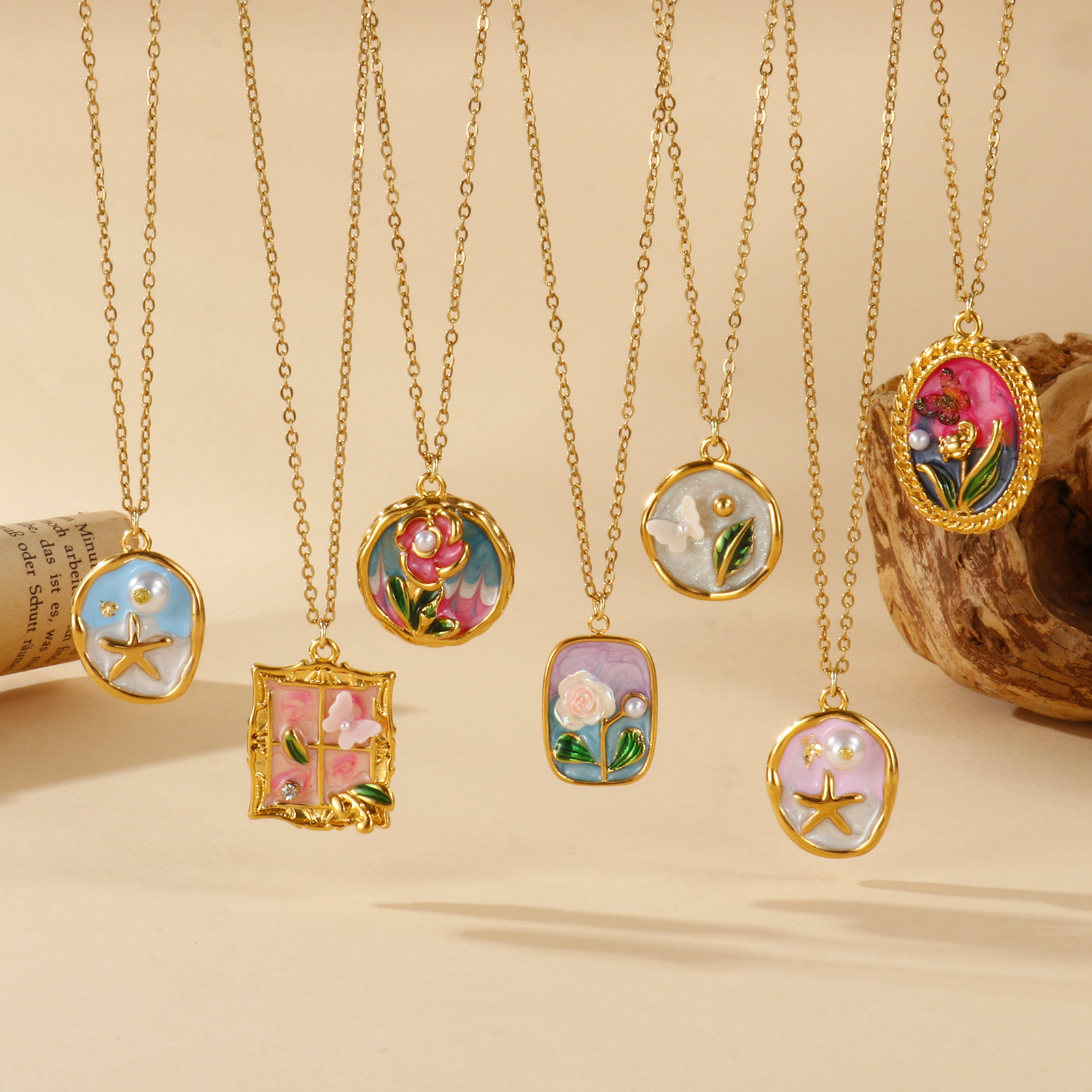 Picture of 18K Real Gold Plated Link Cable Chain Pendant Charm Necklace, 304 Stainless Steel 45cm(17.7") + 5cm(2"), For Women, Multicolor Enamel Retro Oil Painting Style Gift, Eco-friendly PVD Vacuum Plating
