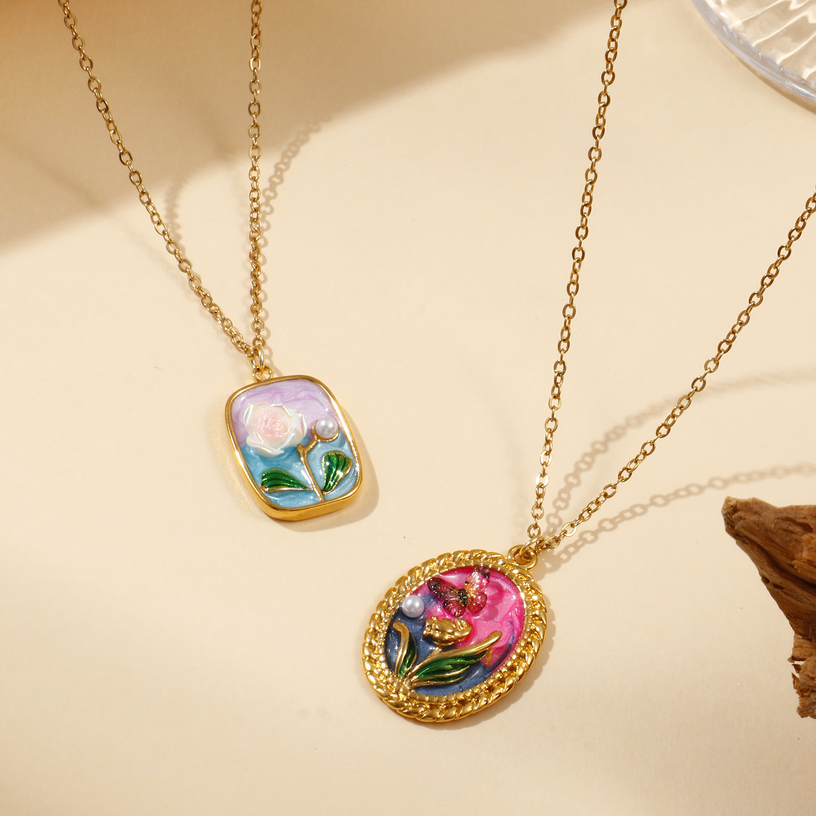 Picture of 18K Real Gold Plated Link Cable Chain Pendant Charm Necklace, 304 Stainless Steel 45cm(17.7") + 5cm(2"), For Women, Multicolor Enamel Retro Oil Painting Style Gift, Eco-friendly PVD Vacuum Plating
