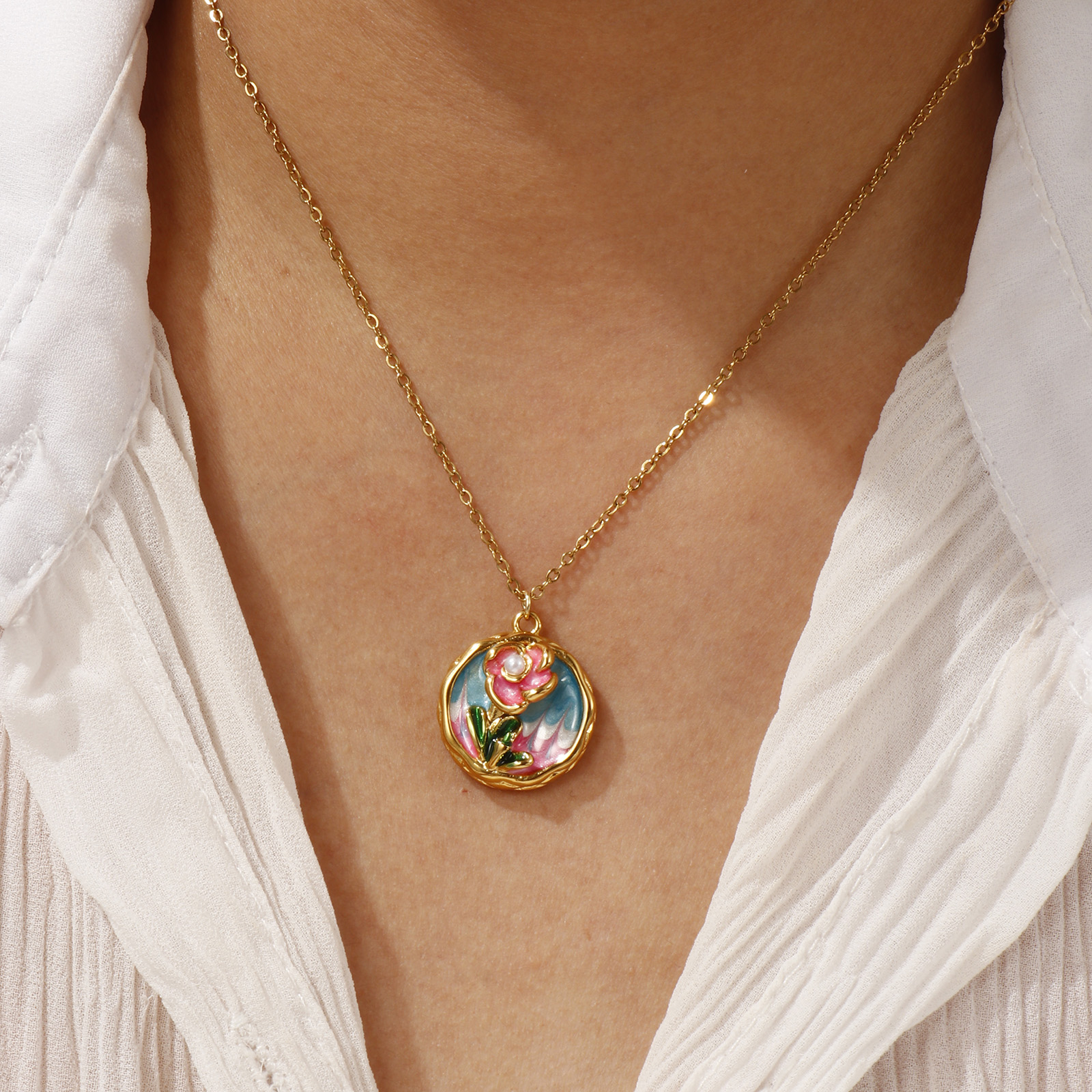 Picture of 18K Real Gold Plated Link Cable Chain Pendant Charm Necklace, 304 Stainless Steel 45cm(17.7") + 5cm(2"), For Women, Multicolor Enamel Retro Oil Painting Style Gift, Eco-friendly PVD Vacuum Plating
