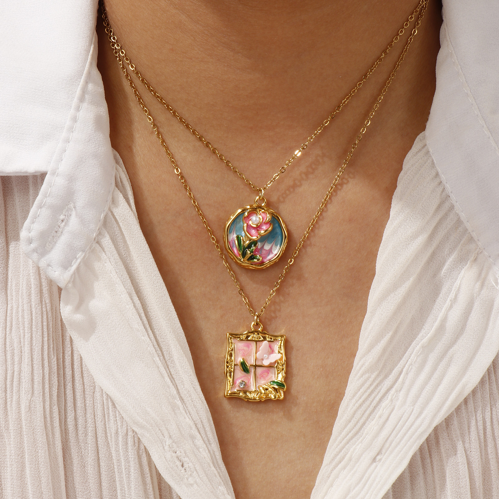 Picture of 18K Real Gold Plated Link Cable Chain Pendant Charm Necklace, 304 Stainless Steel 45cm(17.7") + 5cm(2"), For Women, Multicolor Enamel Retro Oil Painting Style Gift, Eco-friendly PVD Vacuum Plating