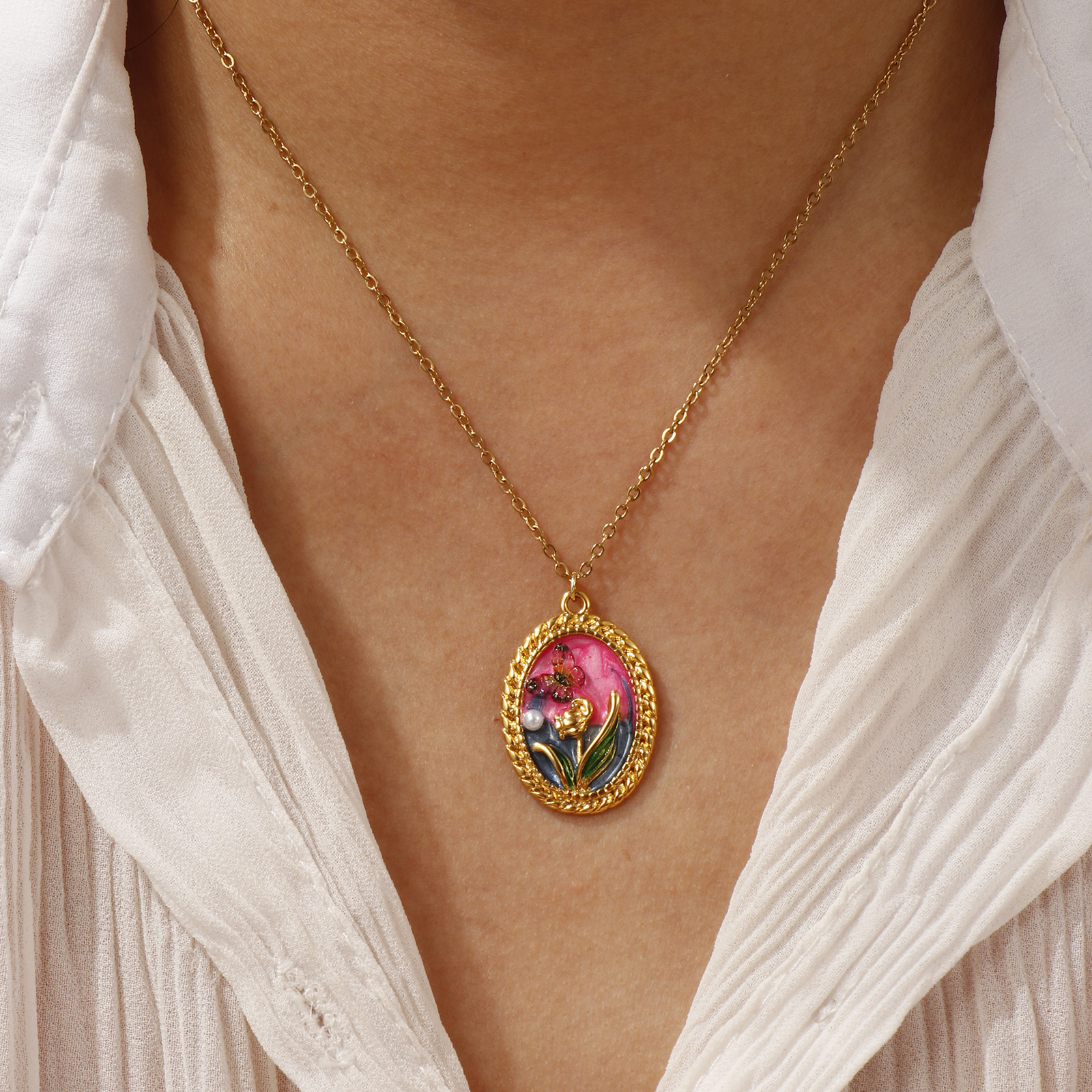 Picture of 18K Real Gold Plated Link Cable Chain Pendant Charm Necklace, 304 Stainless Steel 45cm(17.7") + 5cm(2"), For Women, Multicolor Enamel Retro Oil Painting Style Gift, Eco-friendly PVD Vacuum Plating