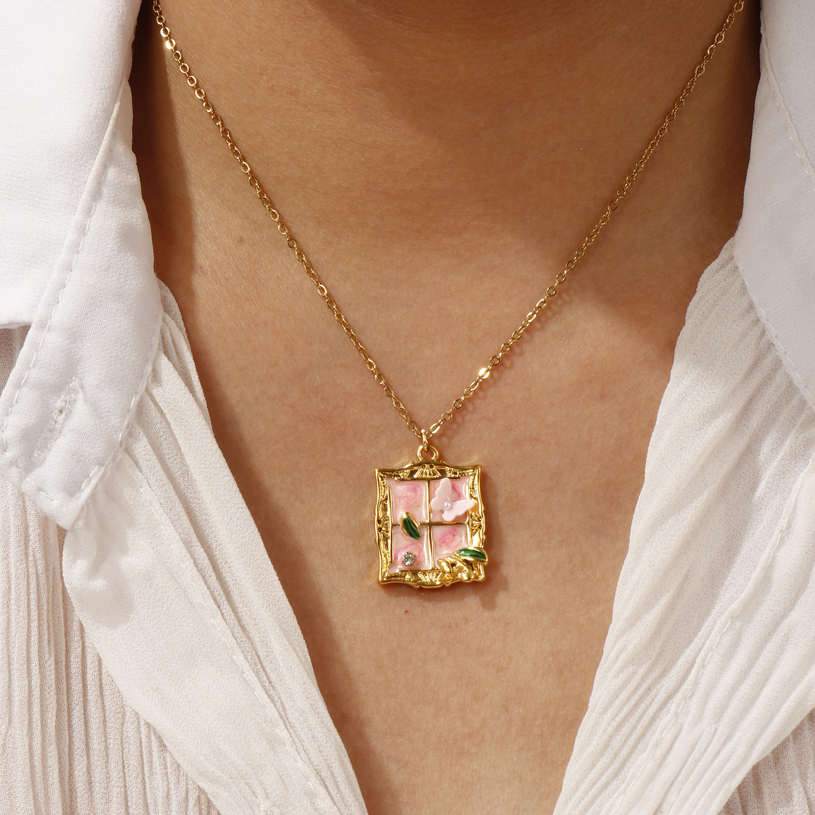 Picture of 18K Real Gold Plated Link Cable Chain Pendant Charm Necklace, 304 Stainless Steel 45cm(17.7") + 5cm(2"), For Women, Multicolor Enamel Retro Oil Painting Style Gift, Eco-friendly PVD Vacuum Plating