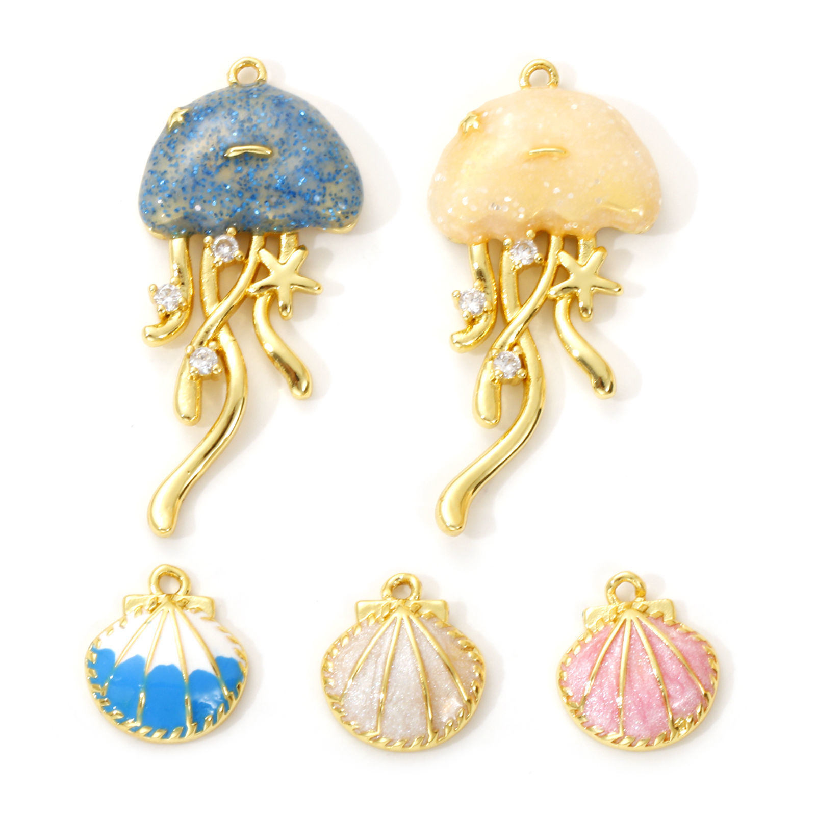 Image de 1 Pièce Breloques Bijoux d'Océan en Laiton Plaqué Or 18K Émail Coquille Méduse