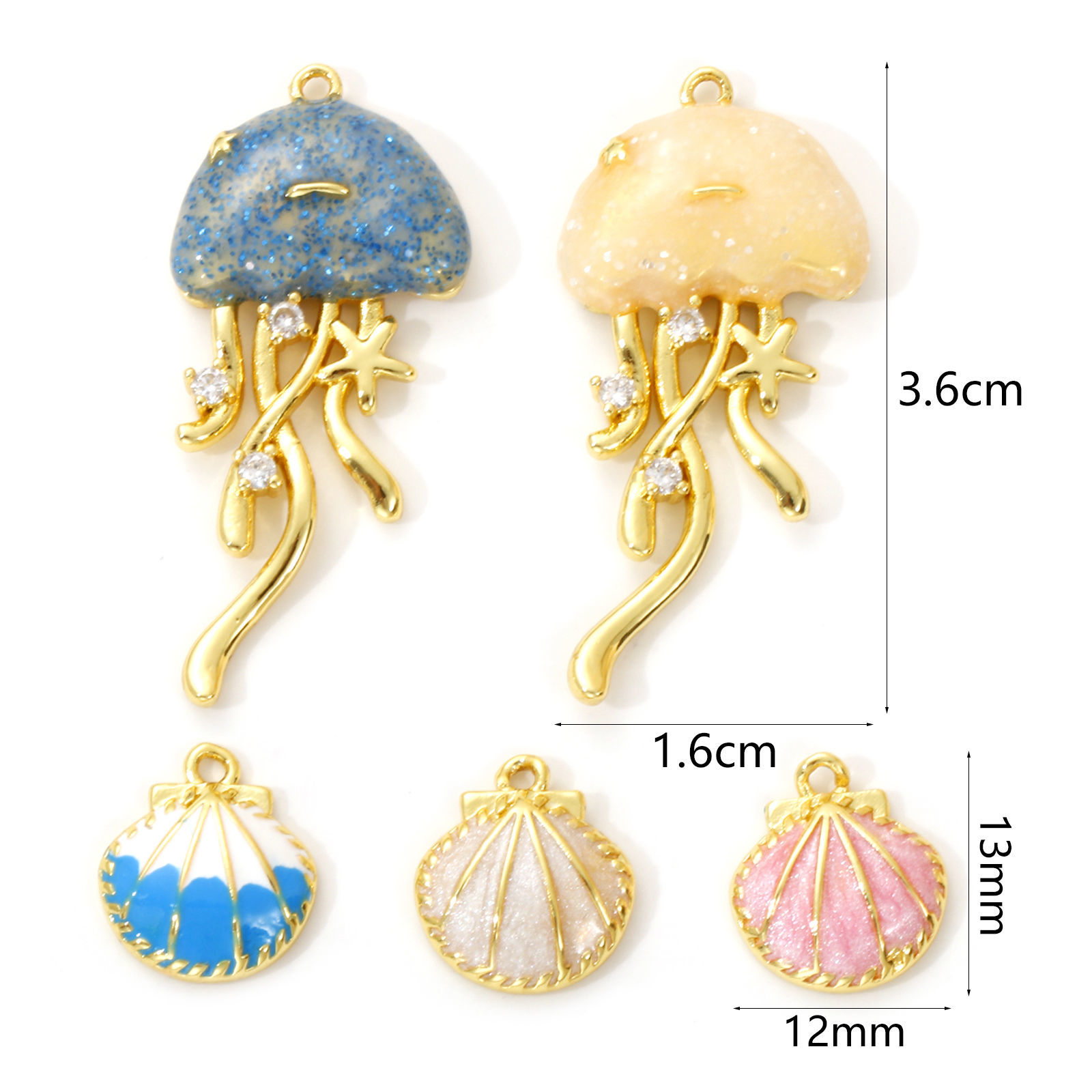 Image de 1 Pièce Breloques Bijoux d'Océan en Laiton Plaqué Or 18K Émail Coquille Méduse