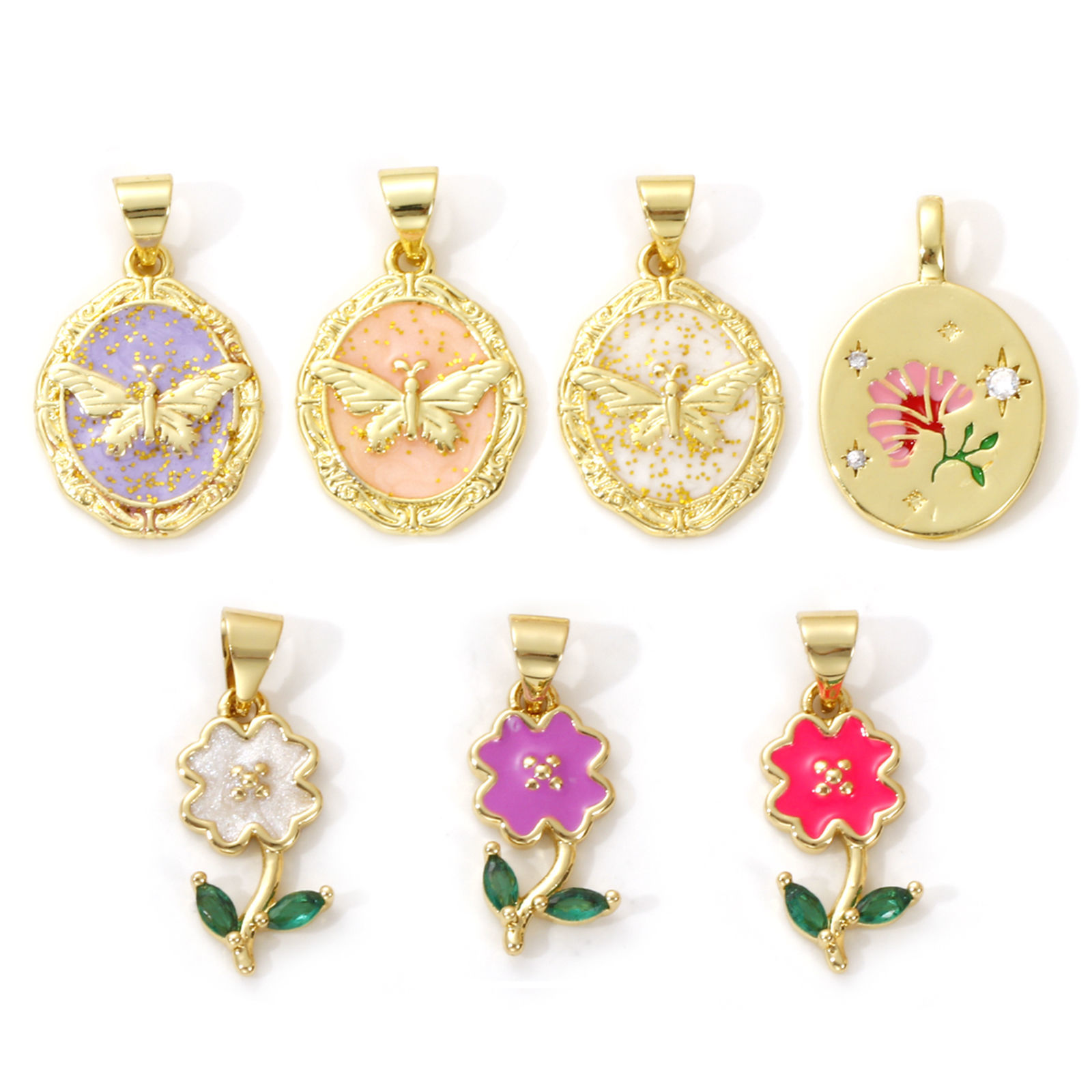 Picture of Brass Charms 18K Gold Plated Multicolor Enamel Flower Butterfly