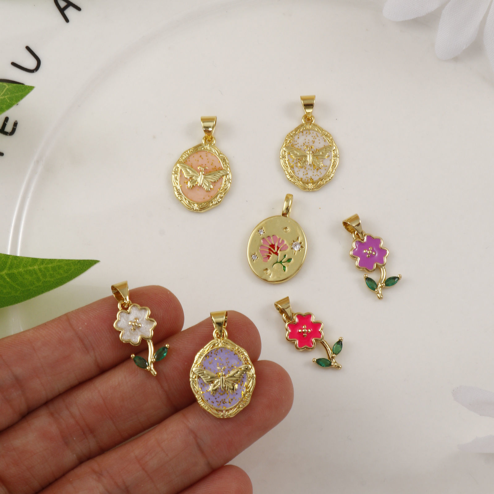 Picture of Brass Charms 18K Gold Plated Multicolor Enamel Flower Butterfly