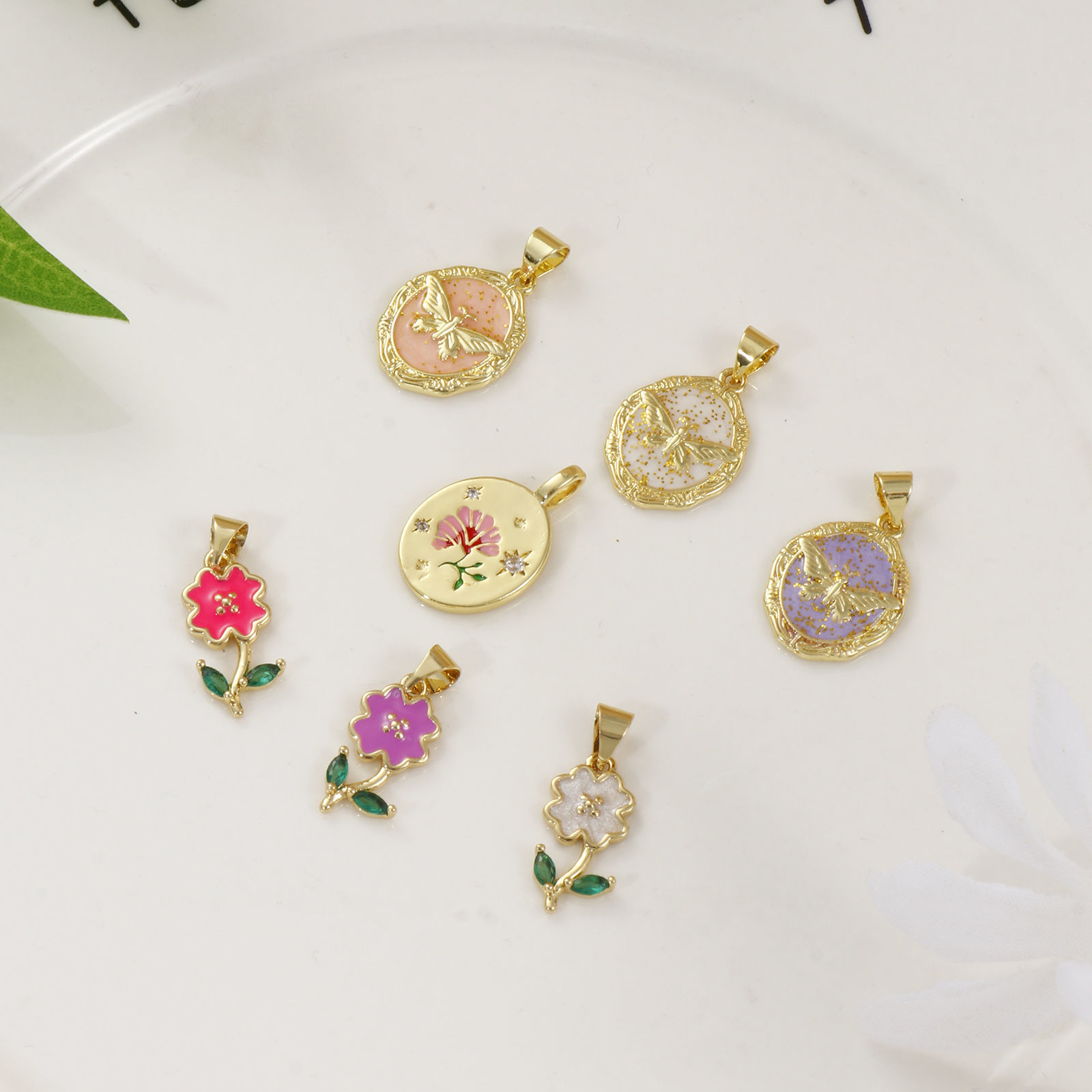 Picture of Brass Charms 18K Gold Plated Multicolor Enamel Flower Butterfly