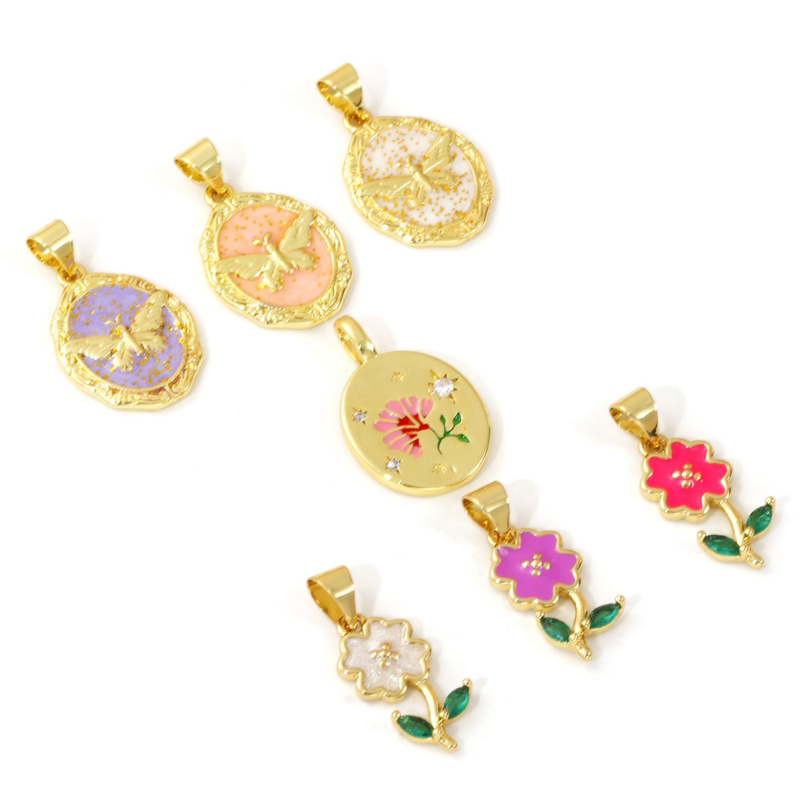 Picture of Brass Charms 18K Gold Plated Multicolor Enamel Flower Butterfly