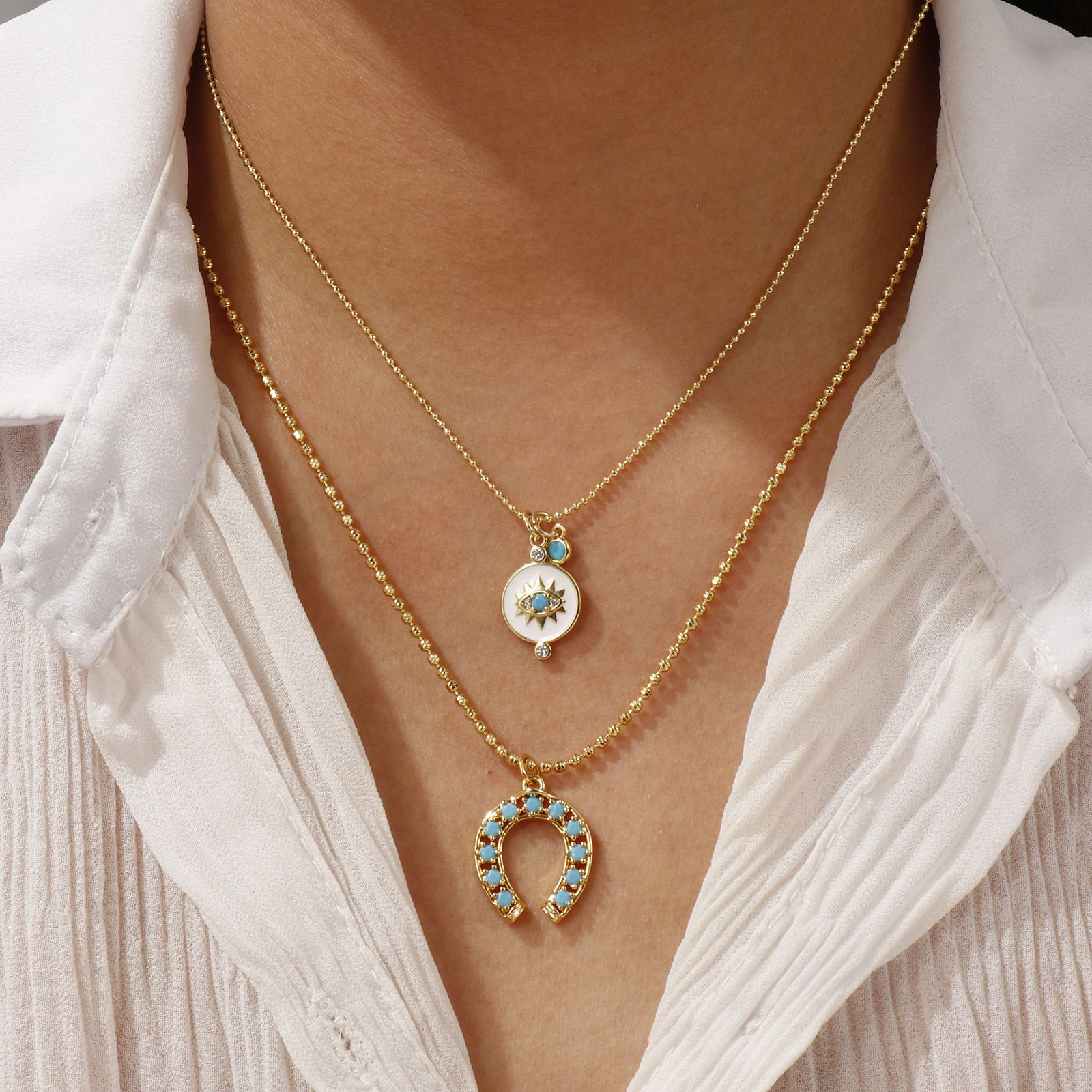 Bild von 18K Echtgold plattiert Anhänger Halskette, Messing 45cm + 5cm, Für Frauen, Blau Zirkonia Retro Geschenk, Umweltfreundlich, 1 Strang