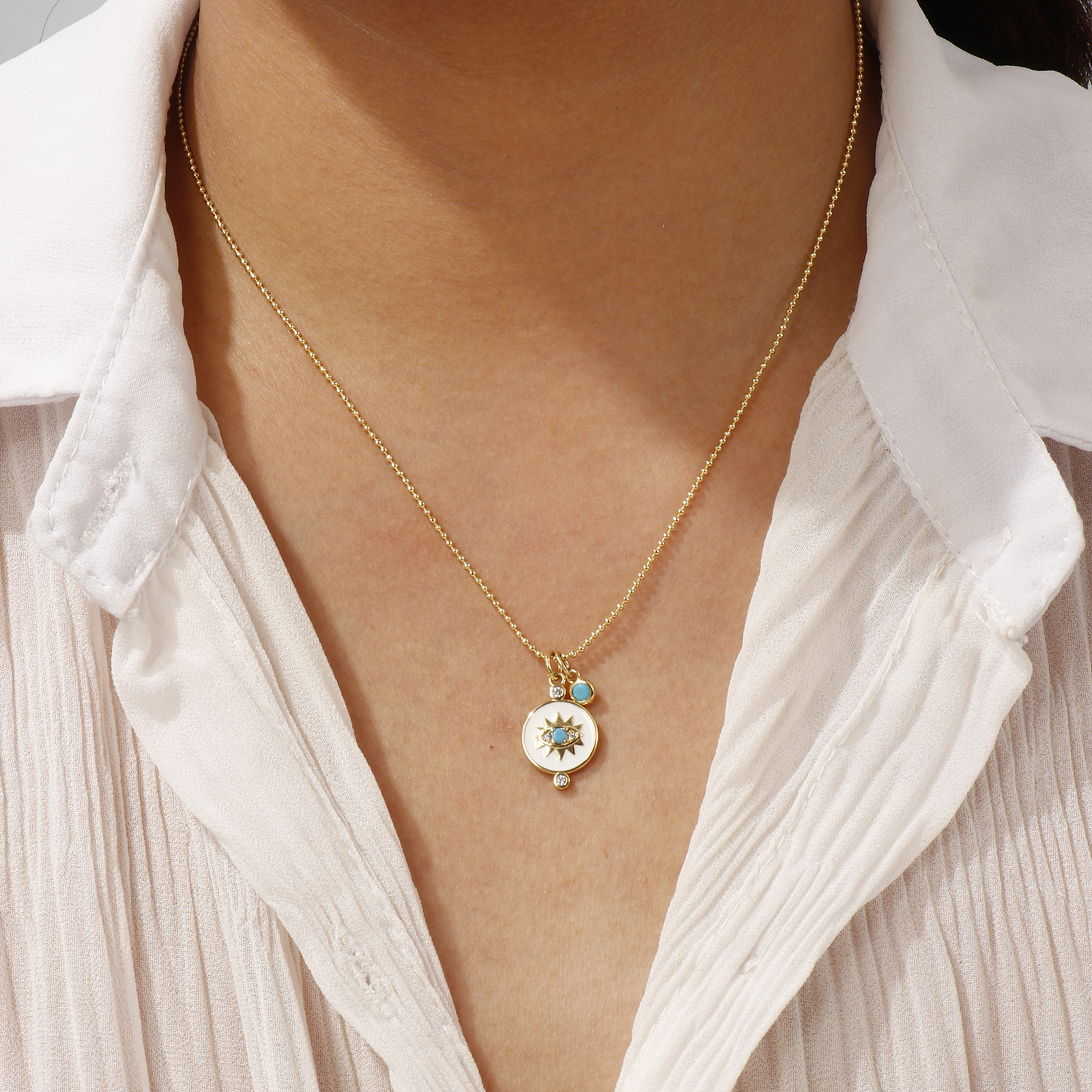 Bild von 18K Echtgold plattiert Anhänger Halskette, Messing 45cm + 5cm, Für Frauen, Blau Zirkonia Retro Geschenk, Umweltfreundlich, 1 Strang