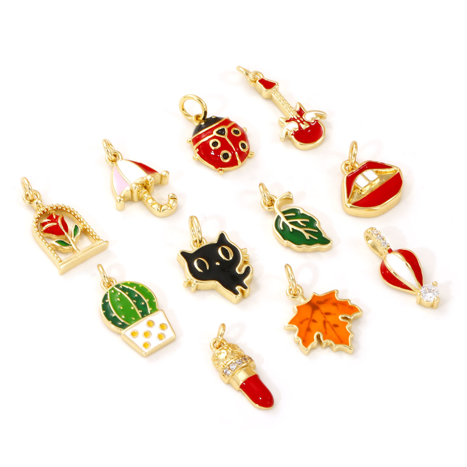 Picture of Eco-friendly Brass Charms 18K Real Gold Plated Multicolor Enamel Cat Animal Leaf