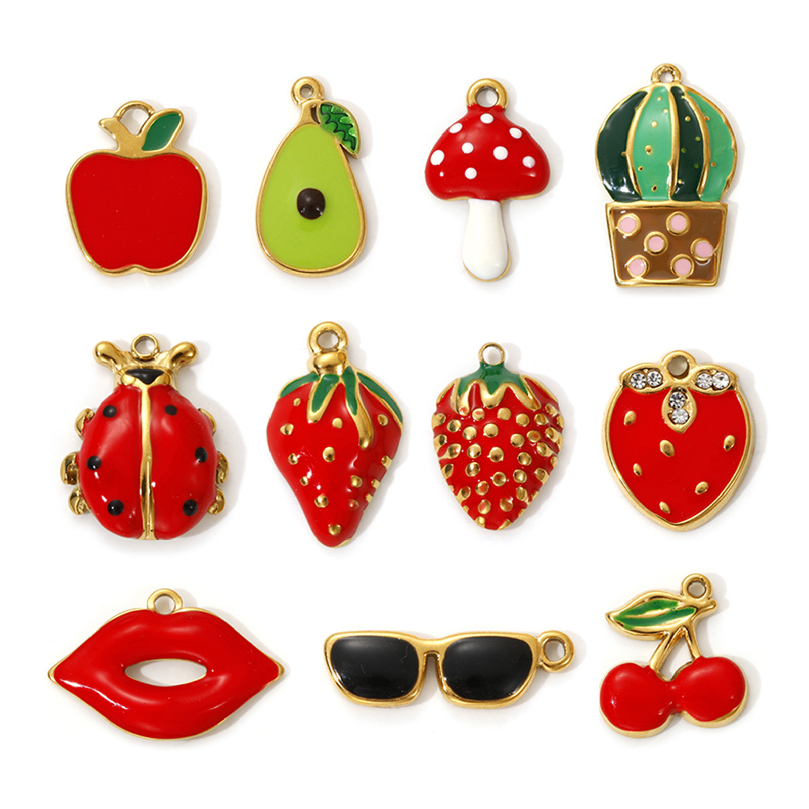 Picture of 2 PCs Eco-friendly PVD Vacuum Plating 304 Stainless Steel Charms 18K Real Gold Plated Multicolor Enamel Fruit
