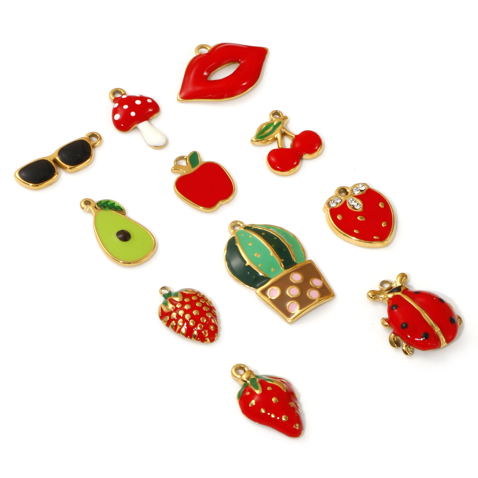Picture of 2 PCs Eco-friendly PVD Vacuum Plating 304 Stainless Steel Charms 18K Real Gold Plated Multicolor Enamel Fruit