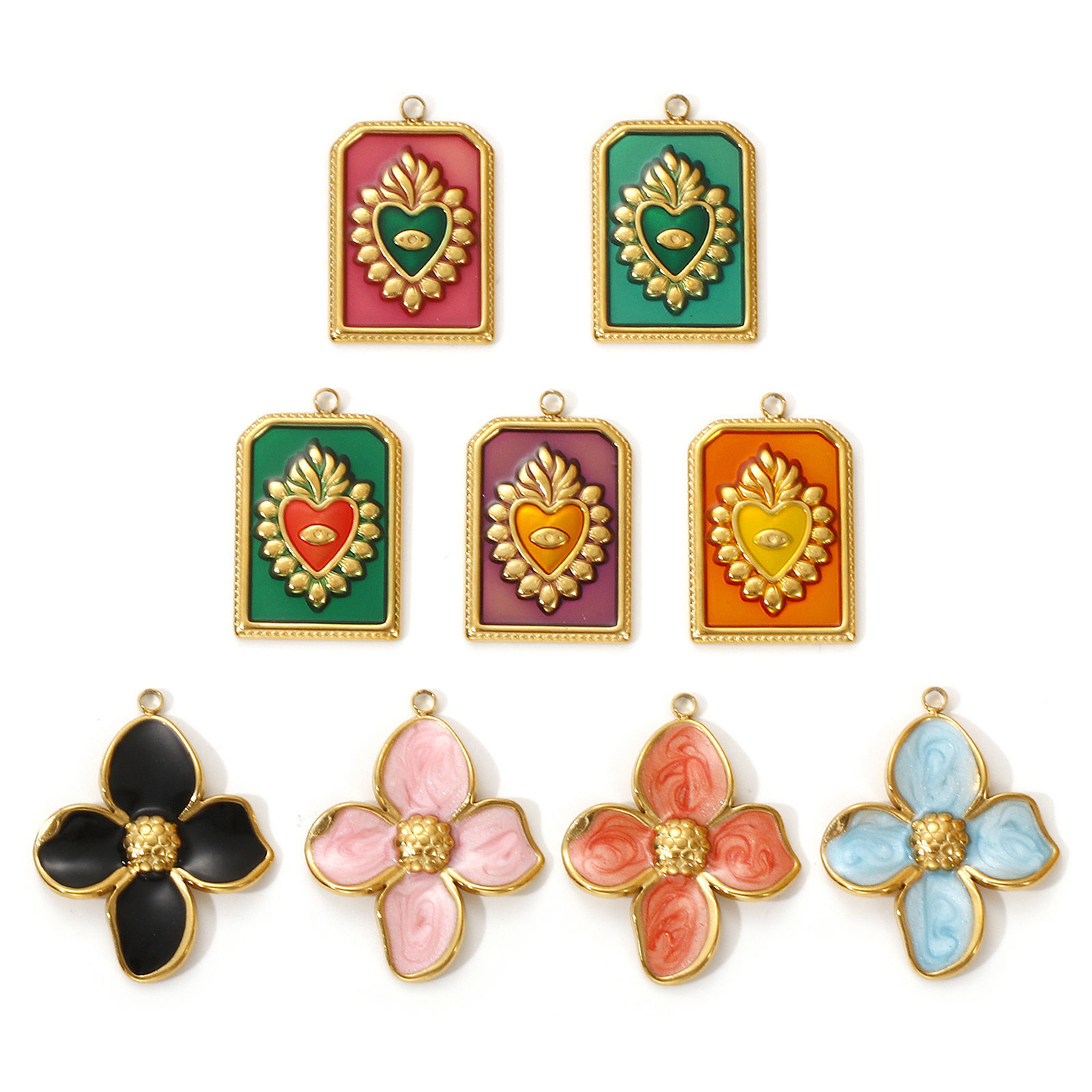 Picture of 2 PCs Eco-friendly PVD Vacuum Plating 304 Stainless Steel Charms 18K Real Gold Plated Multicolor Enamel Flower Ex Voto Heart