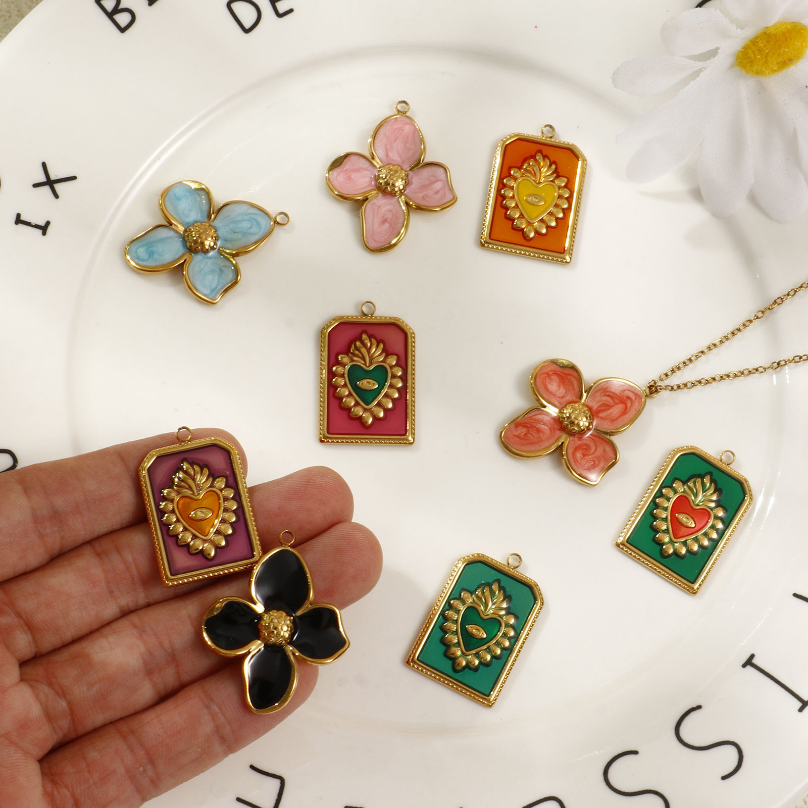 Picture of 2 PCs Eco-friendly PVD Vacuum Plating 304 Stainless Steel Charms 18K Real Gold Plated Multicolor Enamel Flower Ex Voto Heart