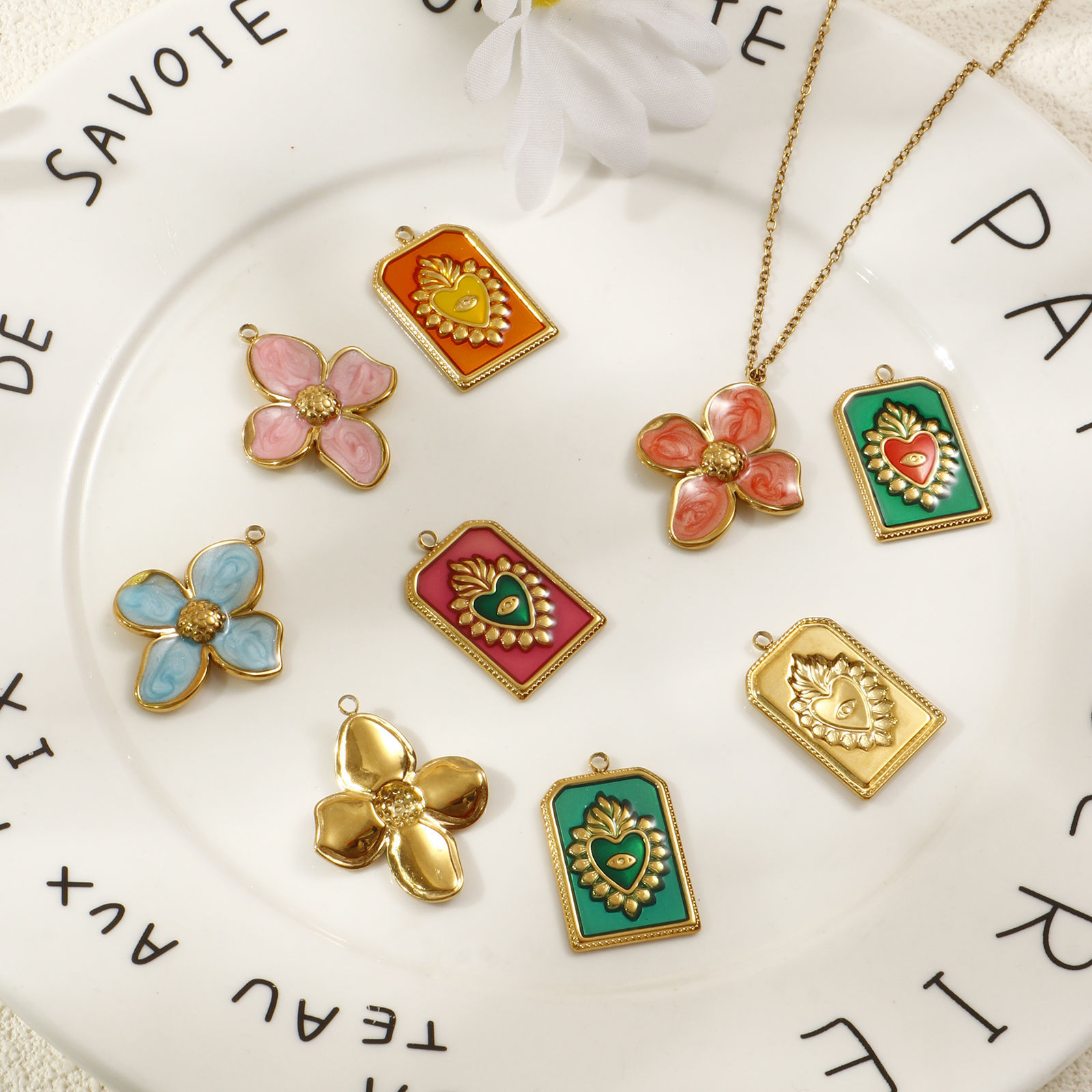 Picture of 2 PCs Eco-friendly PVD Vacuum Plating 304 Stainless Steel Charms 18K Real Gold Plated Multicolor Enamel Flower Ex Voto Heart