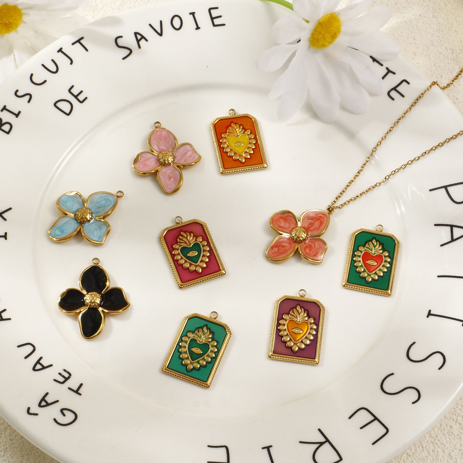 Picture of 2 PCs Eco-friendly PVD Vacuum Plating 304 Stainless Steel Charms 18K Real Gold Plated Multicolor Enamel Flower Ex Voto Heart