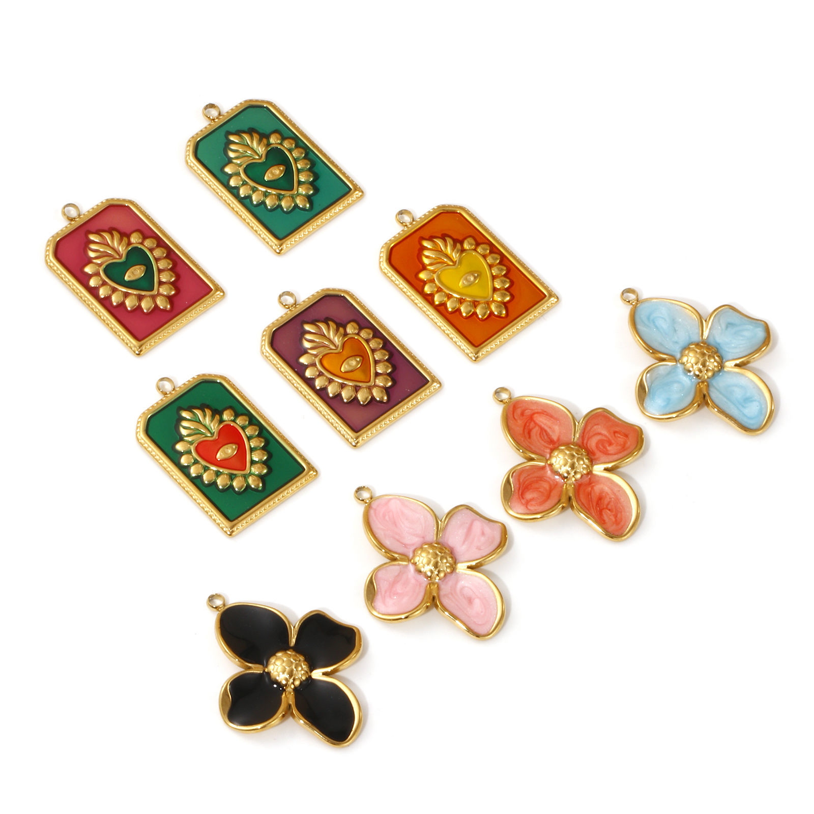 Picture of 2 PCs Eco-friendly PVD Vacuum Plating 304 Stainless Steel Charms 18K Real Gold Plated Multicolor Enamel Flower Ex Voto Heart