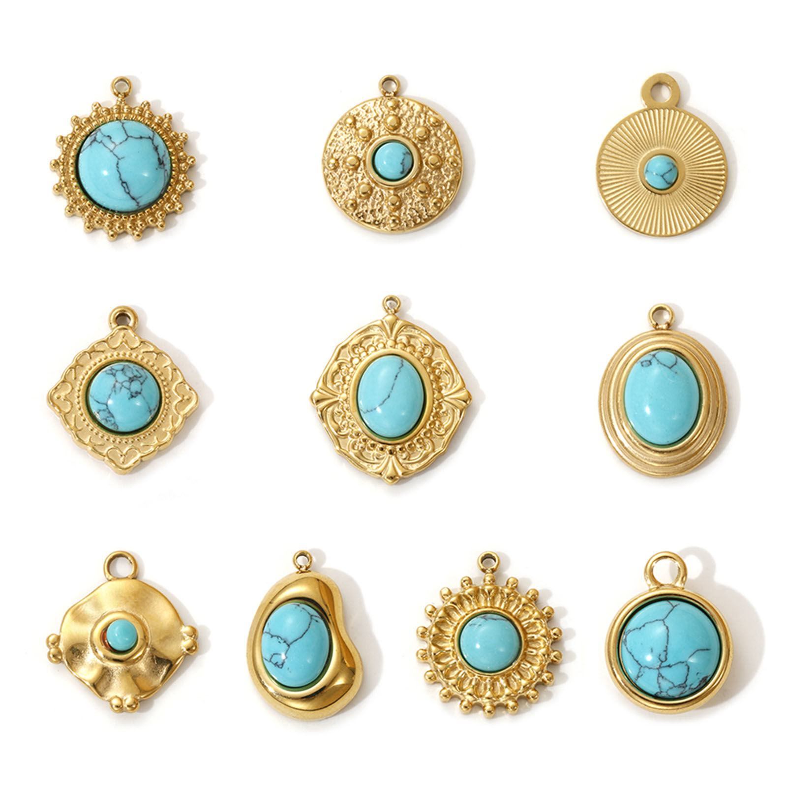 Picture of 1 Piece Eco-friendly PVD Vacuum Plating 304 Stainless Steel Boho Chic Bohemia Charms 18K Real Gold Plated Green Blue With Resin Cabochons Imitation Turquoise