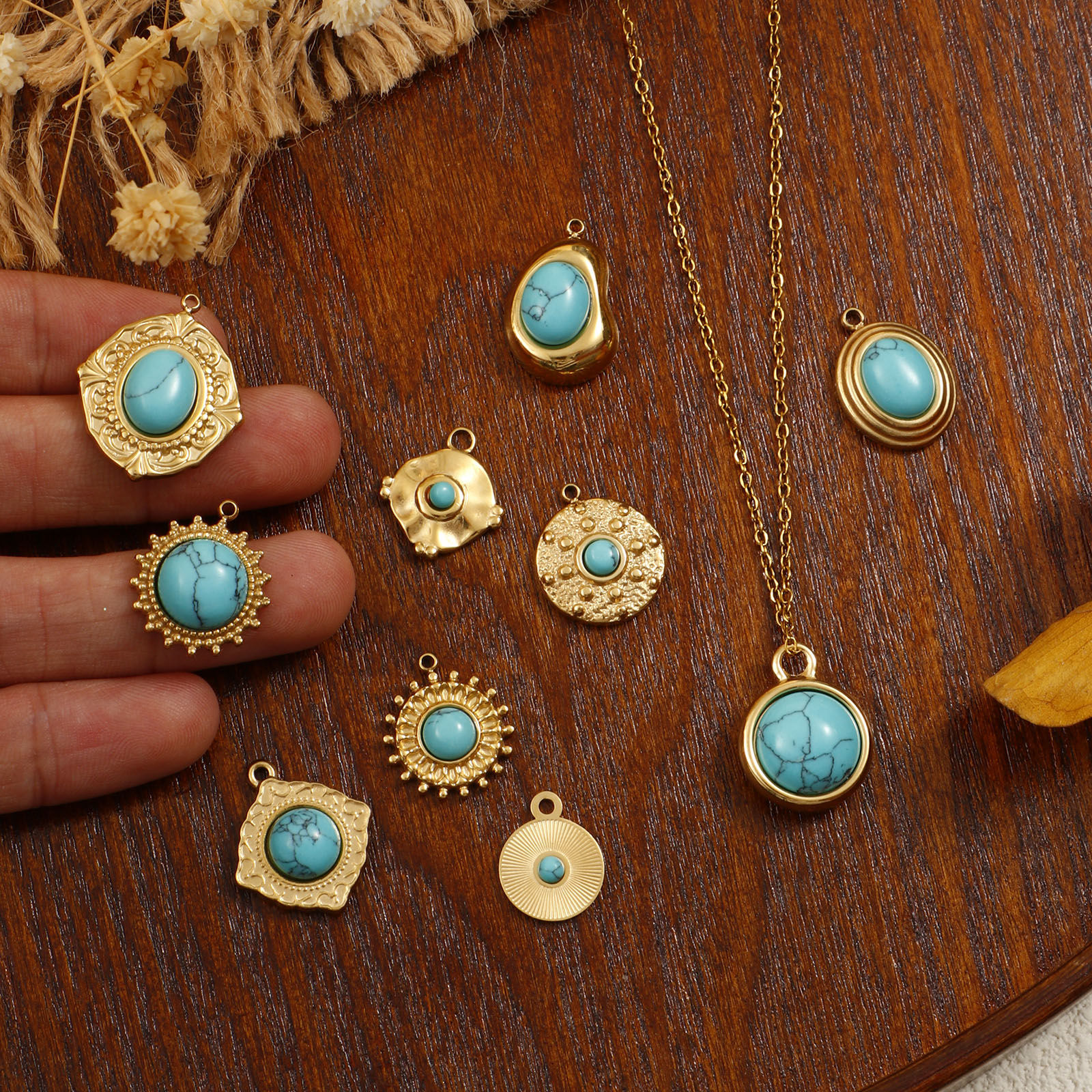 Picture of 1 Piece Eco-friendly PVD Vacuum Plating 304 Stainless Steel Boho Chic Bohemia Charms 18K Real Gold Plated Green Blue With Resin Cabochons Imitation Turquoise
