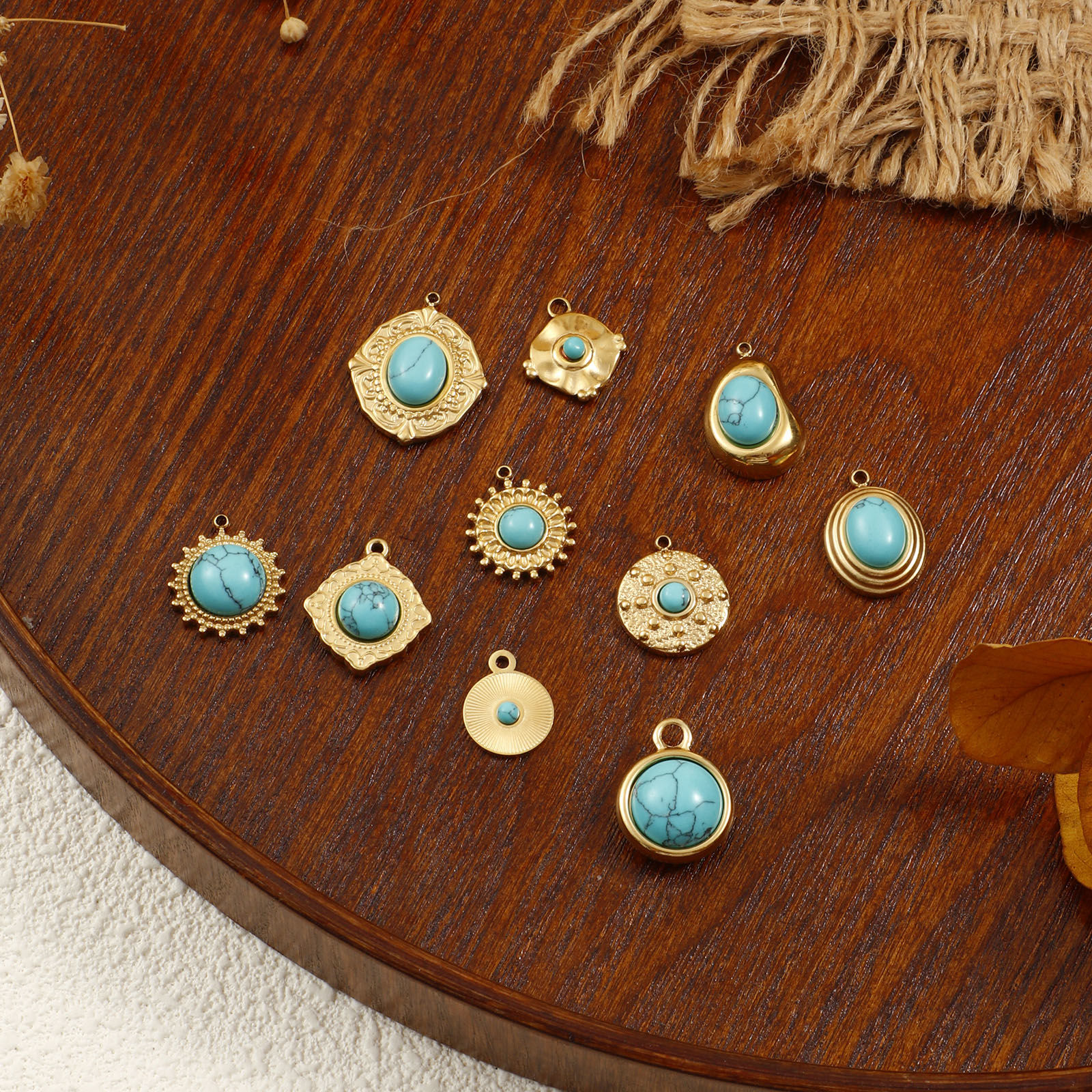 Picture of 1 Piece Eco-friendly PVD Vacuum Plating 304 Stainless Steel Boho Chic Bohemia Charms 18K Real Gold Plated Green Blue With Resin Cabochons Imitation Turquoise