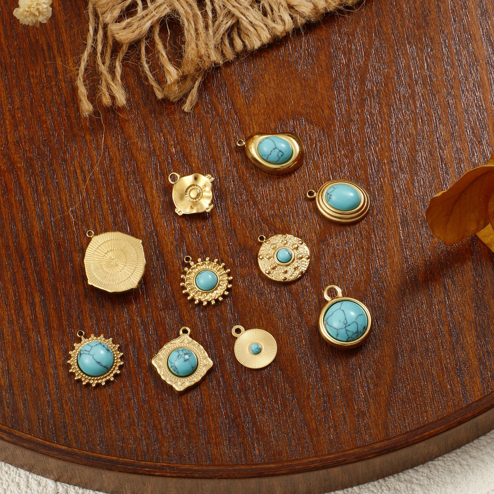 Picture of 1 Piece Eco-friendly PVD Vacuum Plating 304 Stainless Steel Boho Chic Bohemia Charms 18K Real Gold Plated Green Blue With Resin Cabochons Imitation Turquoise
