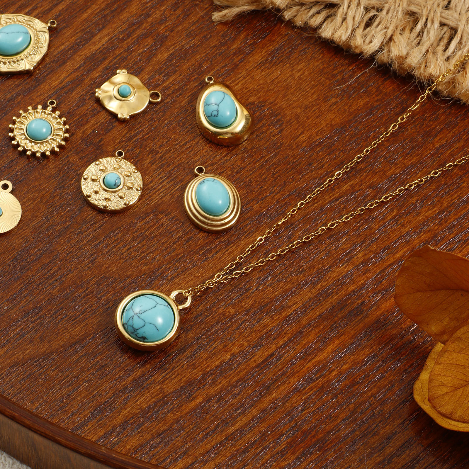 Picture of 1 Piece Eco-friendly PVD Vacuum Plating 304 Stainless Steel Boho Chic Bohemia Charms 18K Real Gold Plated Green Blue With Resin Cabochons Imitation Turquoise