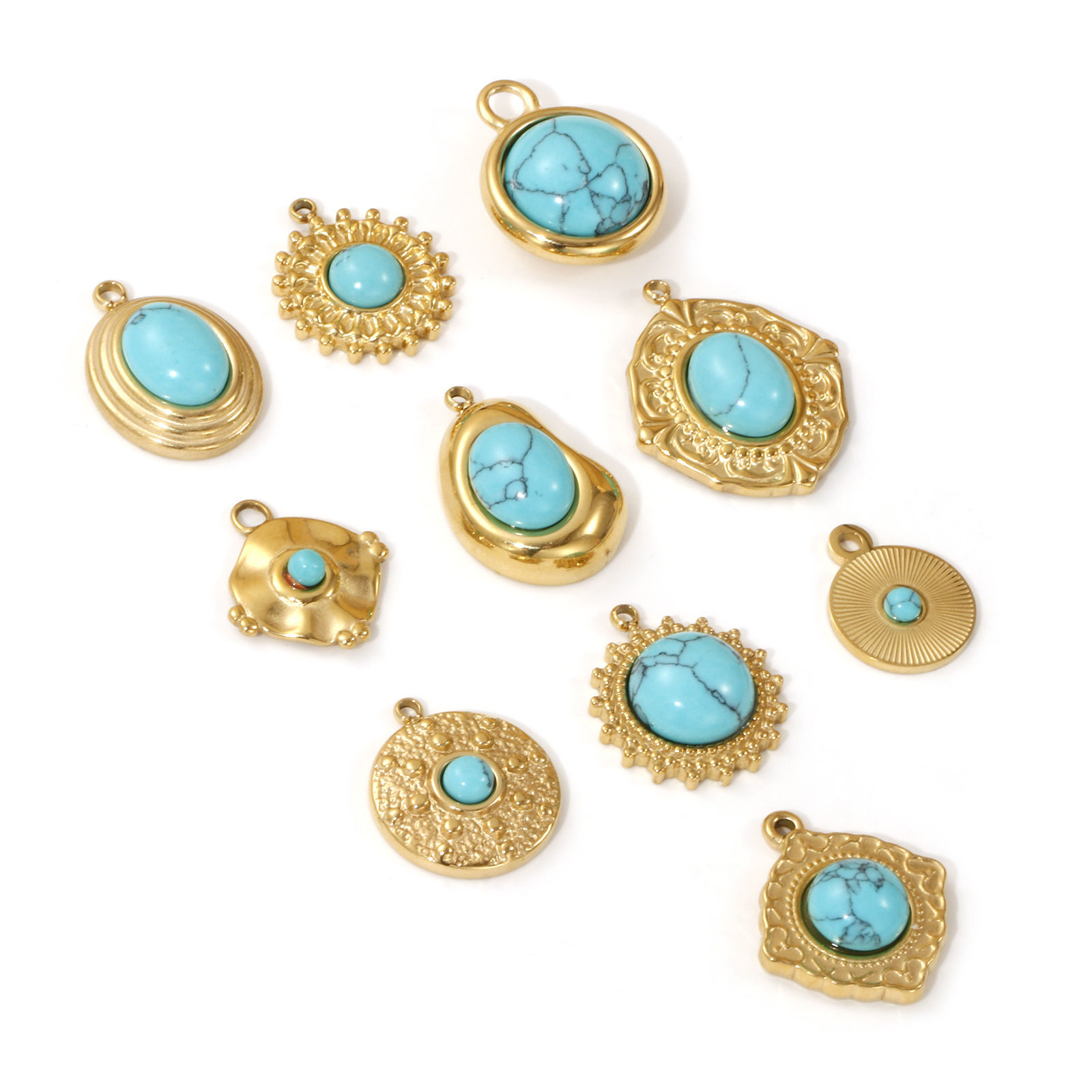 Picture of 1 Piece Eco-friendly PVD Vacuum Plating 304 Stainless Steel Boho Chic Bohemia Charms 18K Real Gold Plated Green Blue With Resin Cabochons Imitation Turquoise
