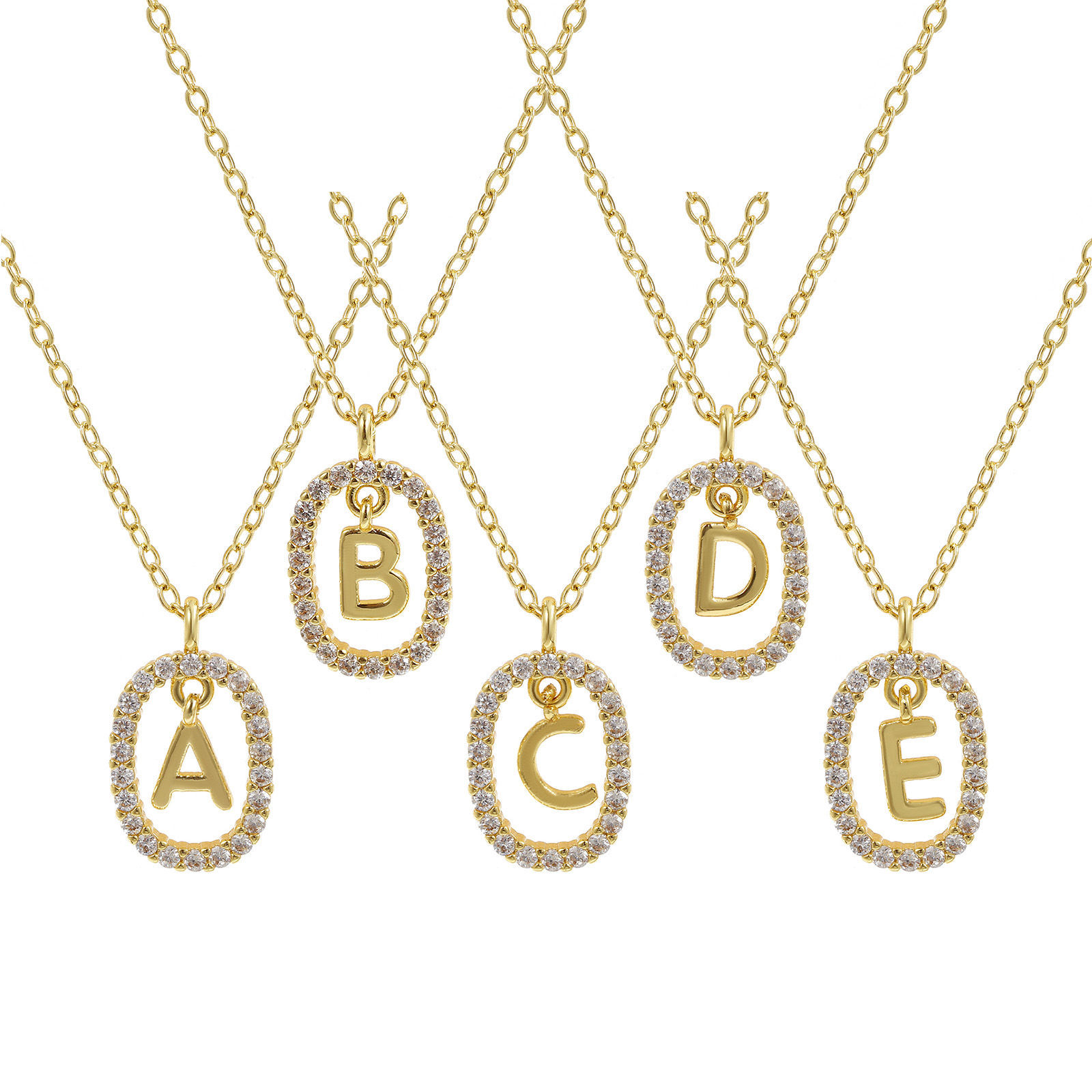 Bild von 18K Echtgold plattiert Kreuz Gliederketten Oval Anhänger Halskette, Messing 46cm + 6cm, Für Frauen, Klar Zirkonia Anfangsbuchstabe/ Großbuchstabe Message " A-Z " Beweglich, Exquisit Elegant Geschenk, Umweltfreundlich, 1 Strang