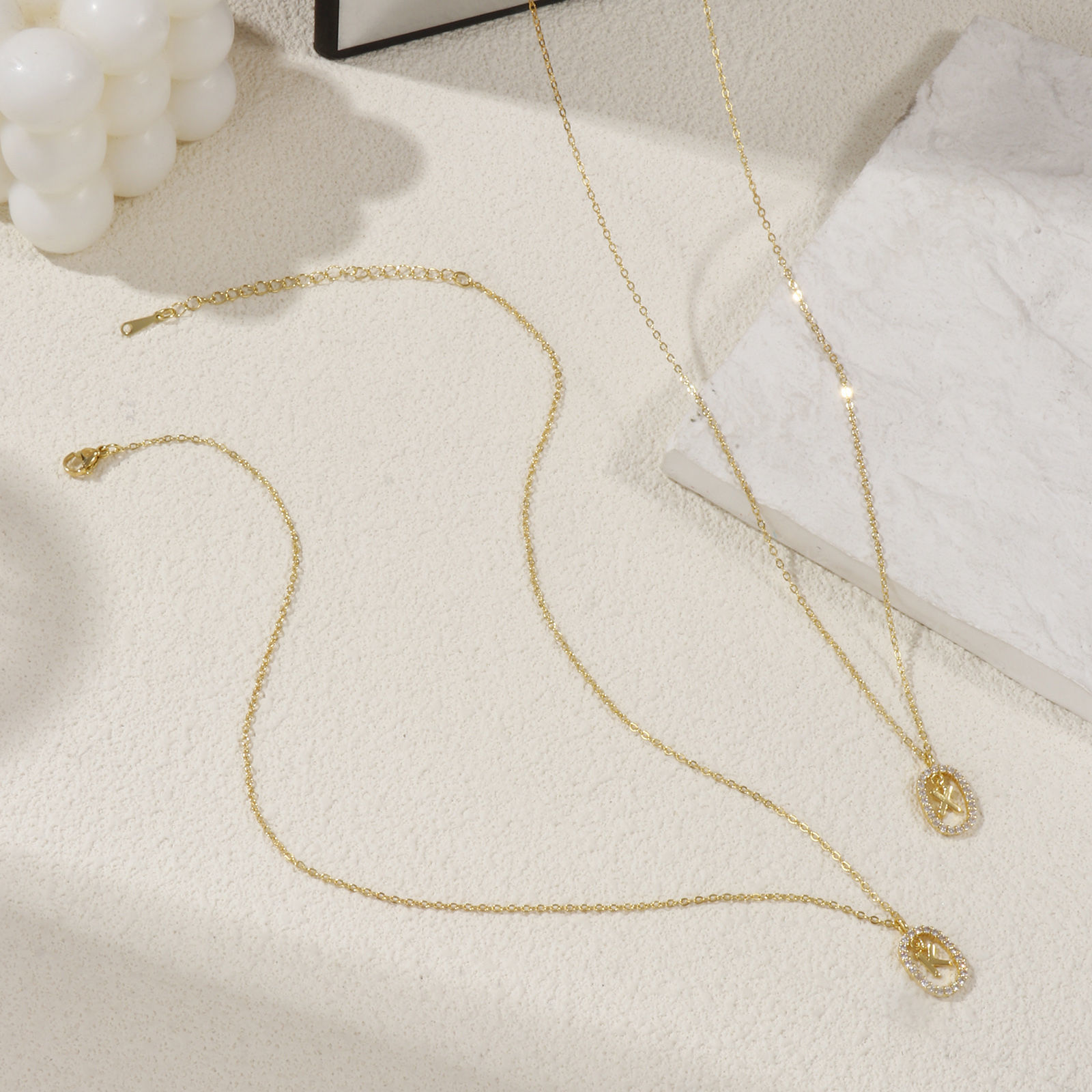 Bild von 18K Echtgold plattiert Kreuz Gliederketten Oval Anhänger Halskette, Messing 46cm + 6cm, Für Frauen, Klar Zirkonia Anfangsbuchstabe/ Großbuchstabe Message " A-Z " Beweglich, Exquisit Elegant Geschenk, Umweltfreundlich, 1 Strang