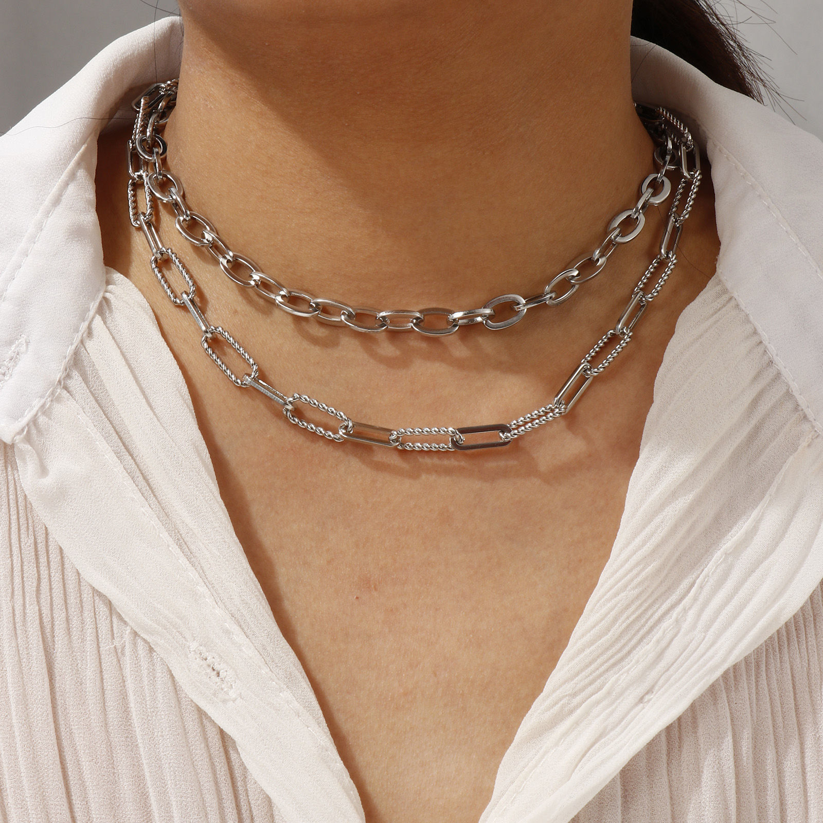 Picture of Silver Tone Paperclip Link Chain Oval Necklace, 304 Stainless Steel 40cm(15.7") + 5cm(2"), For Women, Simple & Casual Gift, Eco-friendly