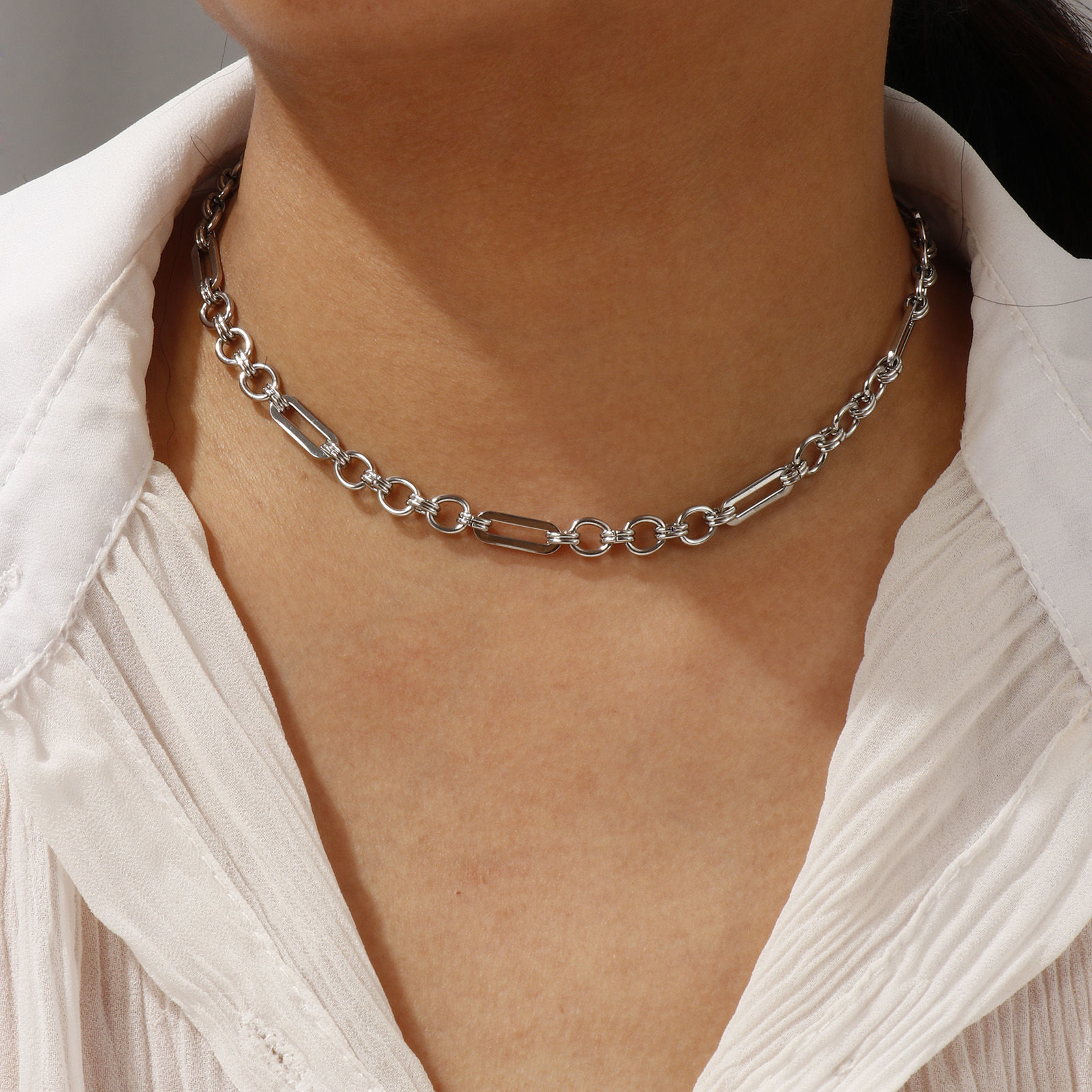 Picture of Silver Tone Paperclip Link Chain Oval Necklace, 304 Stainless Steel 40cm(15.7") + 5cm(2"), For Women, Simple & Casual Gift, Eco-friendly