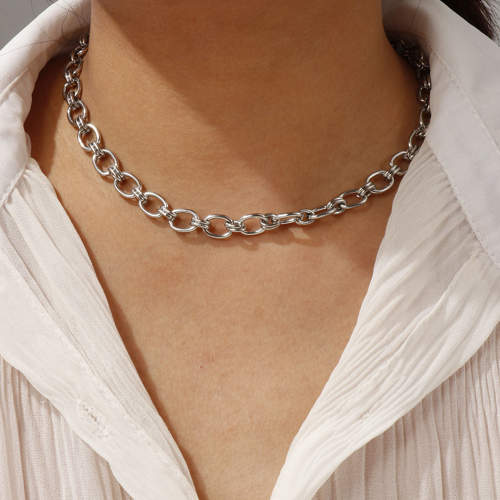 Picture of Silver Tone Paperclip Link Chain Oval Necklace, 304 Stainless Steel 40cm(15.7") + 5cm(2"), For Women, Simple & Casual Gift, Eco-friendly