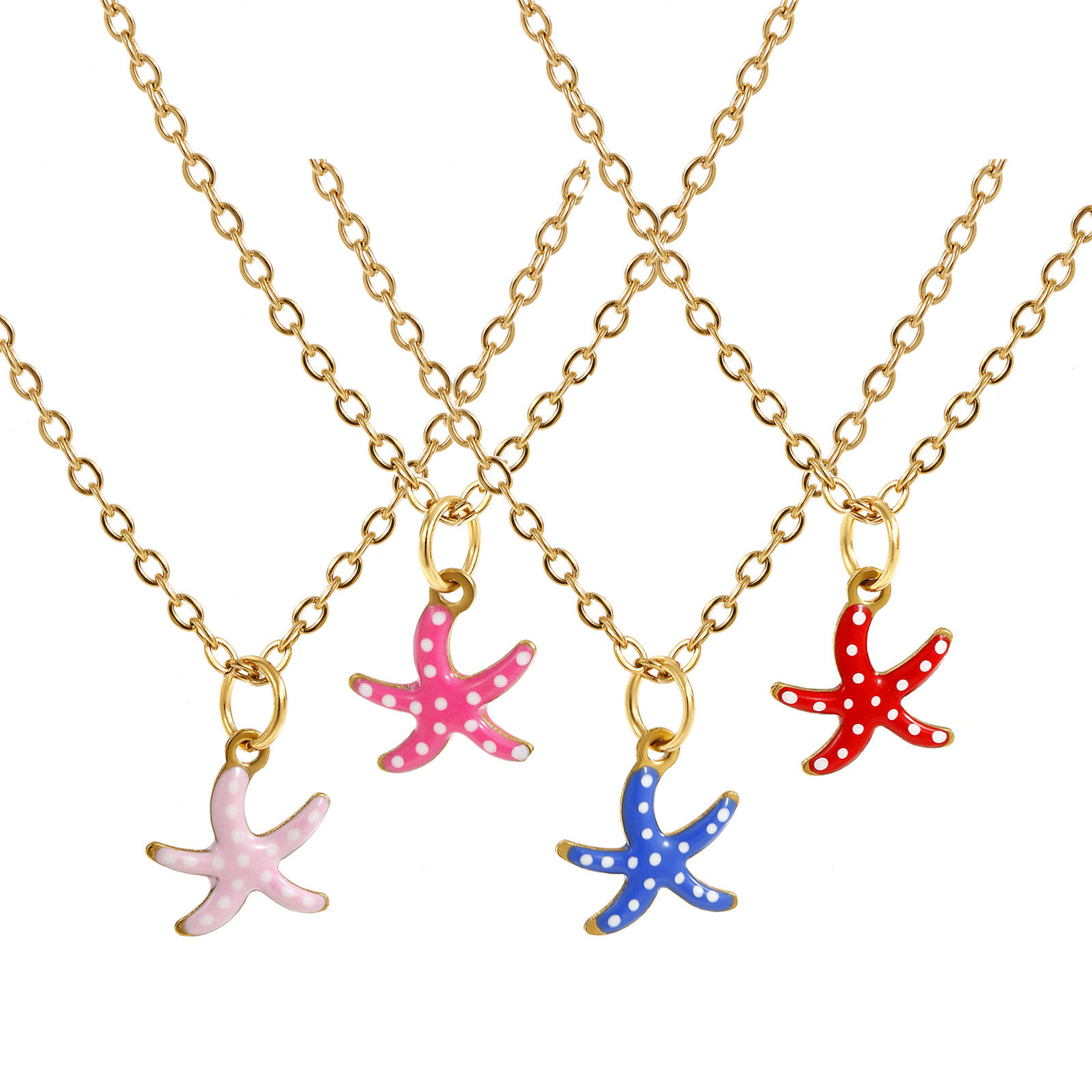 Picture of 18K Real Gold Plated Link Cable Chain Star Fish Pendant Charm Necklace, 304 Stainless Steel 45cm(17.7") + 5cm(2"), For Women, Spot Enamel Exquisite Ocean Jewelry Gift, Eco-friendly PVD Vacuum Plating