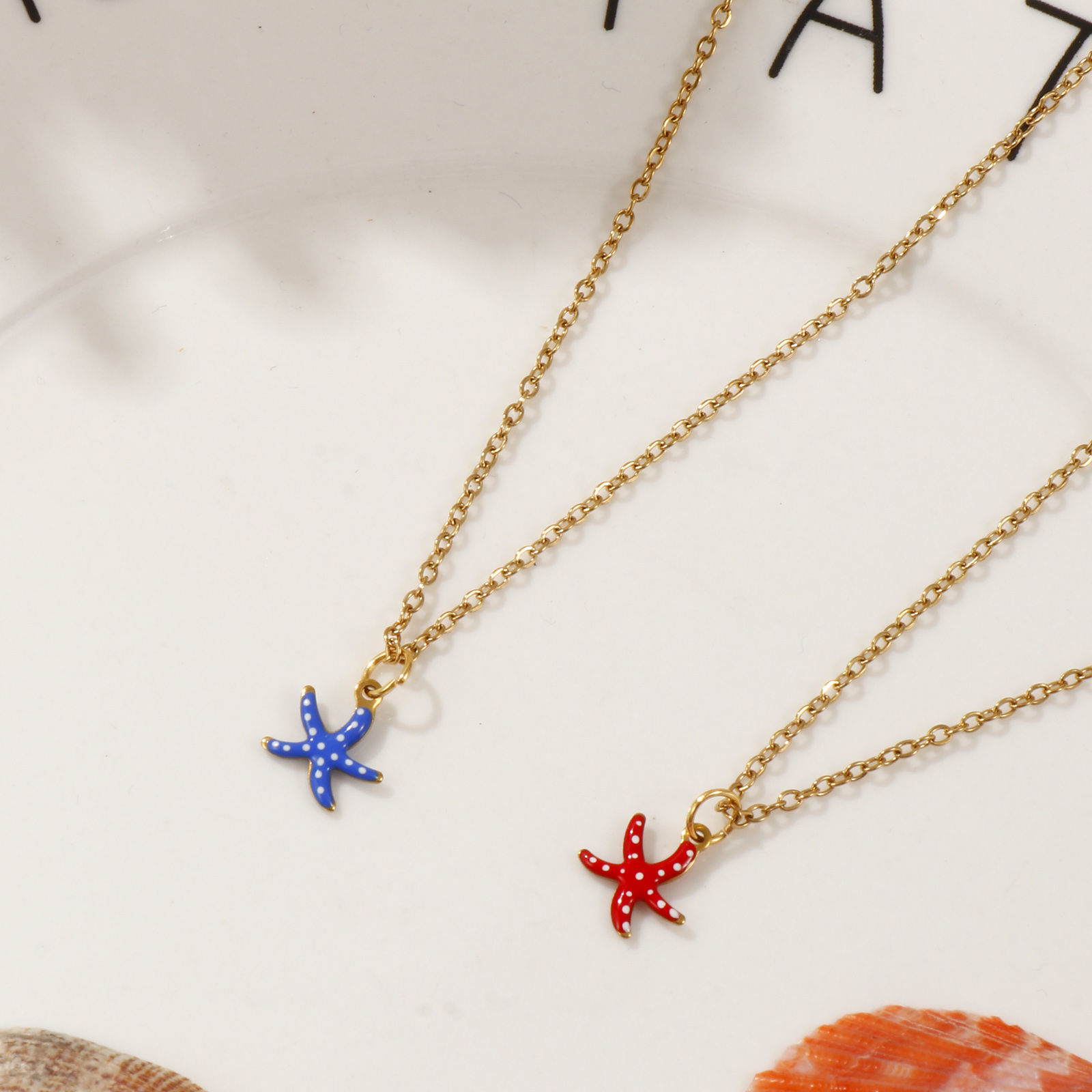 Picture of 18K Real Gold Plated Link Cable Chain Star Fish Pendant Charm Necklace, 304 Stainless Steel 45cm(17.7") + 5cm(2"), For Women, Spot Enamel Exquisite Ocean Jewelry Gift, Eco-friendly PVD Vacuum Plating