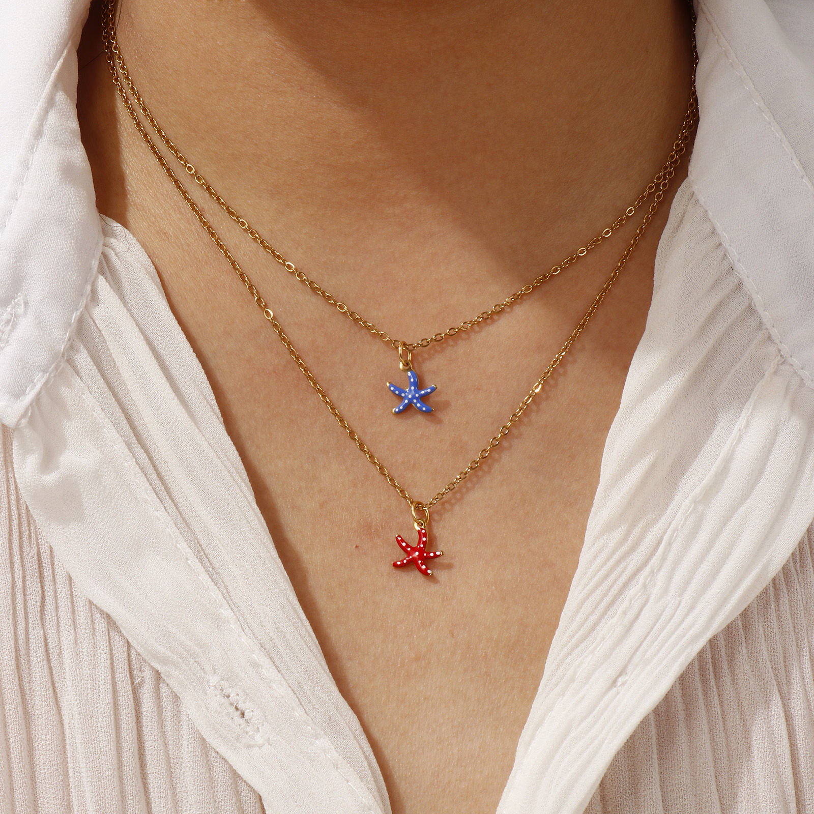 Picture of 18K Real Gold Plated Link Cable Chain Star Fish Pendant Charm Necklace, 304 Stainless Steel 45cm(17.7") + 5cm(2"), For Women, Spot Enamel Exquisite Ocean Jewelry Gift, Eco-friendly PVD Vacuum Plating