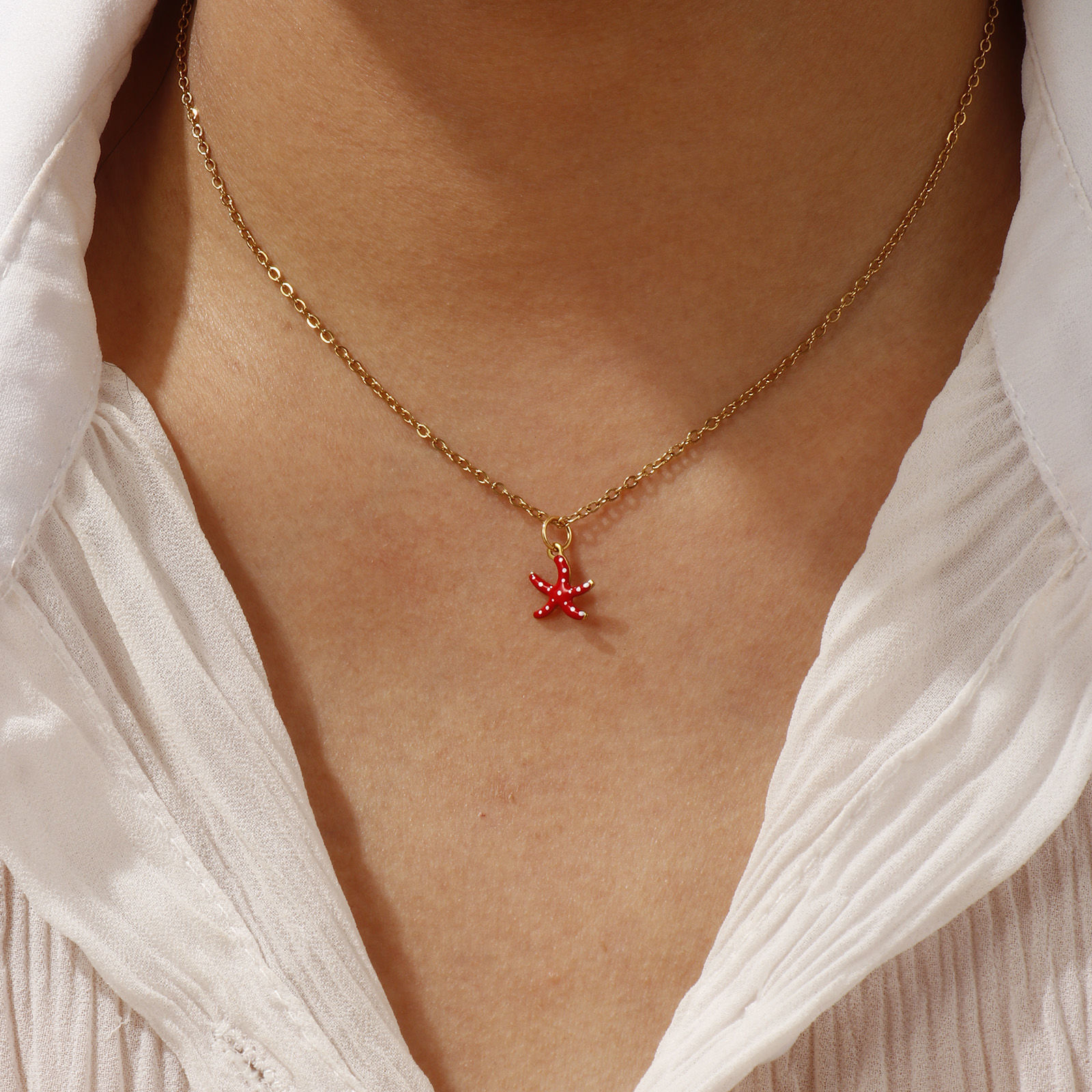 Picture of 18K Real Gold Plated Link Cable Chain Star Fish Pendant Charm Necklace, 304 Stainless Steel 45cm(17.7") + 5cm(2"), For Women, Spot Enamel Exquisite Ocean Jewelry Gift, Eco-friendly PVD Vacuum Plating