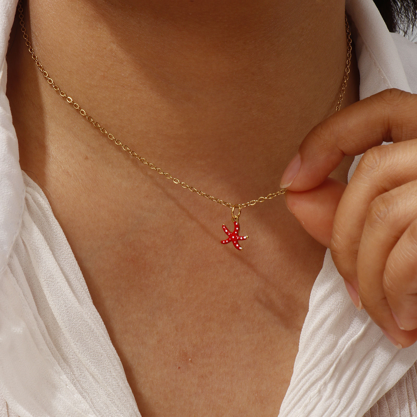 Picture of 18K Real Gold Plated Link Cable Chain Star Fish Pendant Charm Necklace, 304 Stainless Steel 45cm(17.7") + 5cm(2"), For Women, Spot Enamel Exquisite Ocean Jewelry Gift, Eco-friendly PVD Vacuum Plating
