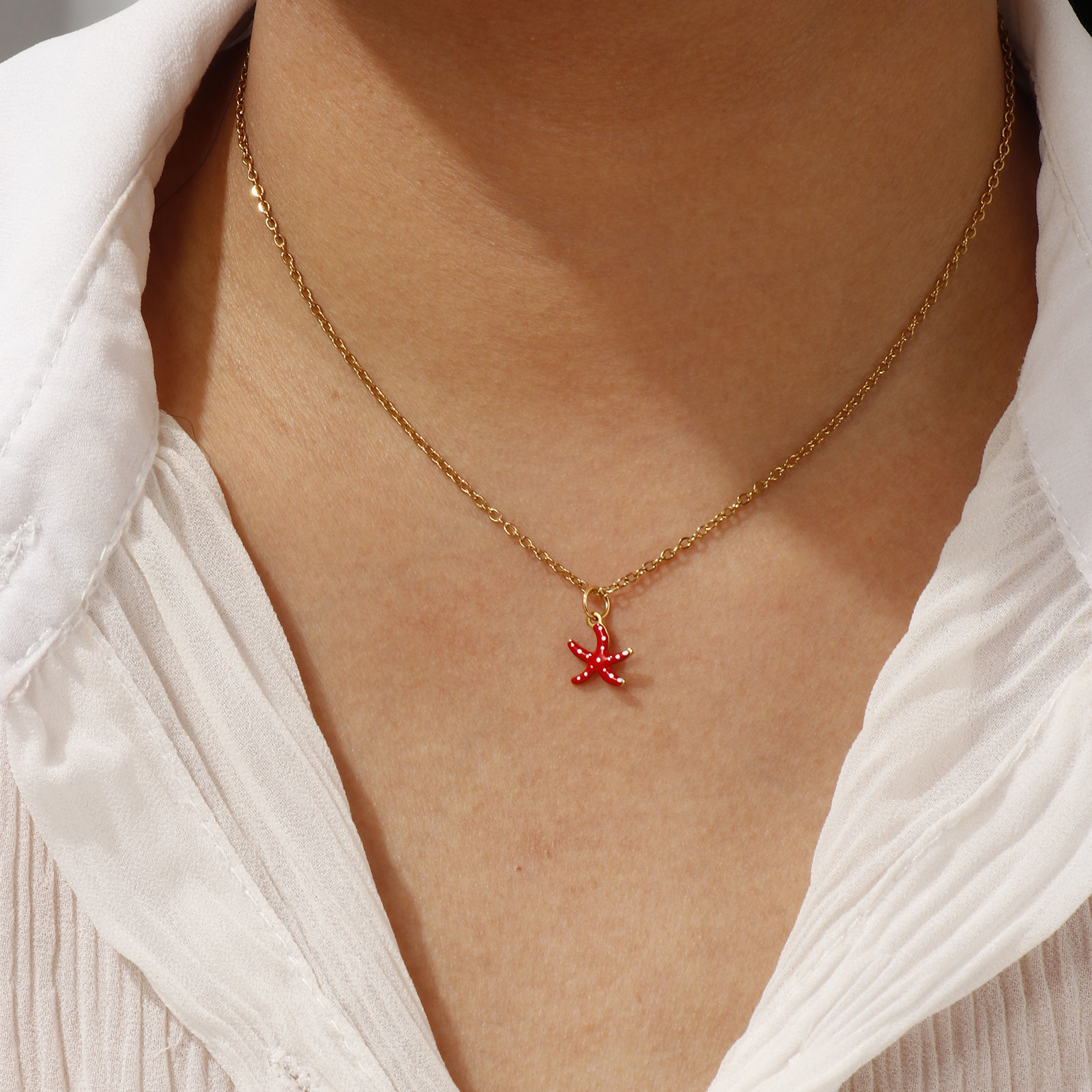 Picture of 18K Real Gold Plated Link Cable Chain Star Fish Pendant Charm Necklace, 304 Stainless Steel 45cm(17.7") + 5cm(2"), For Women, Spot Enamel Exquisite Ocean Jewelry Gift, Eco-friendly PVD Vacuum Plating