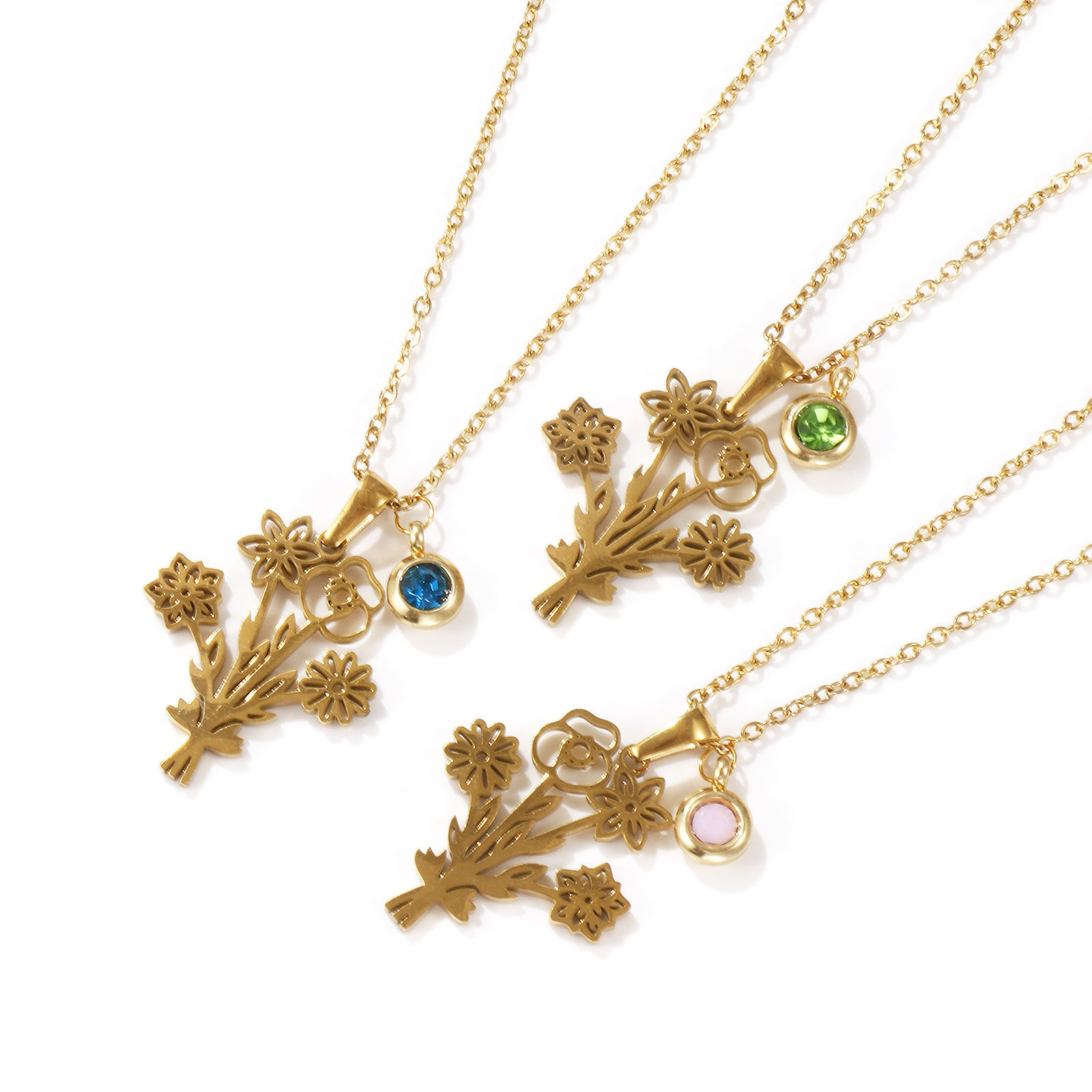 Изображение 18K настоящее золото с покрытием Кабельные Цепи Цветы Ожерелье с подвеской, 304 Нержавеющая Сталь 45см + 5см, Для женщин, Элегантный Свой Камень подарок, Экологичное вакуумное PVD-покрытие, 1 ШТ