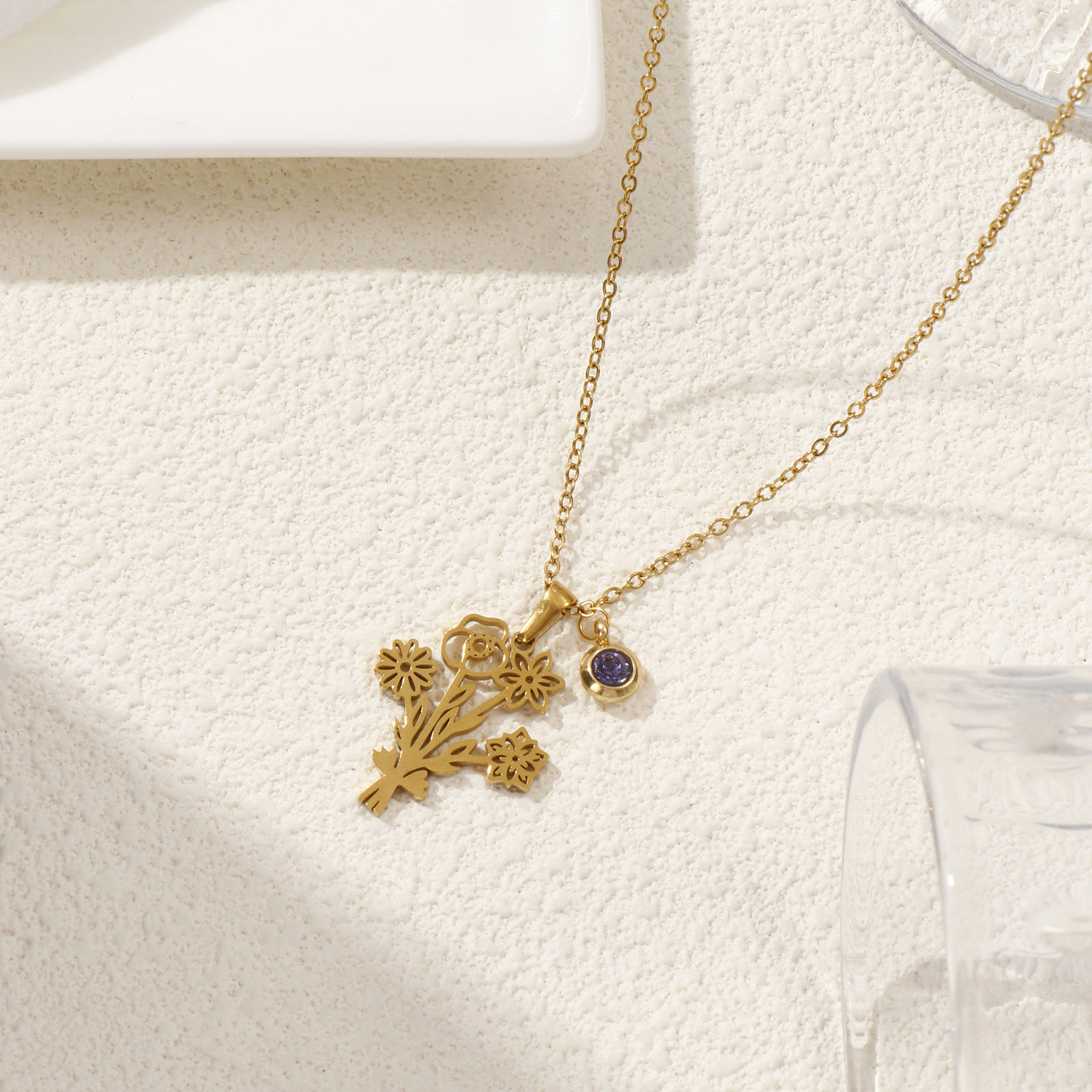 Изображение 18K настоящее золото с покрытием Кабельные Цепи Цветы Ожерелье с подвеской, 304 Нержавеющая Сталь 45см + 5см, Для женщин, Элегантный Свой Камень подарок, Экологичное вакуумное PVD-покрытие, 1 ШТ