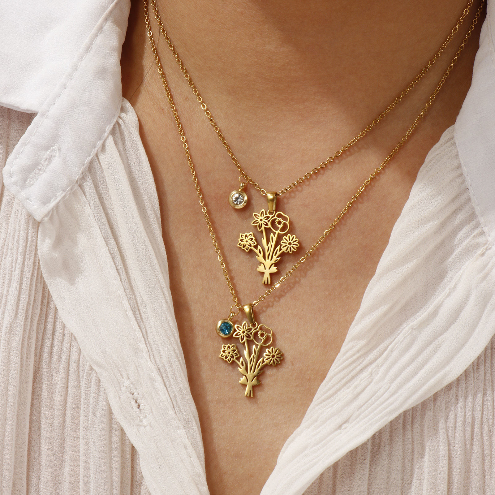 Изображение 18K настоящее золото с покрытием Кабельные Цепи Цветы Ожерелье с подвеской, 304 Нержавеющая Сталь 45см + 5см, Для женщин, Элегантный Свой Камень подарок, Экологичное вакуумное PVD-покрытие, 1 ШТ