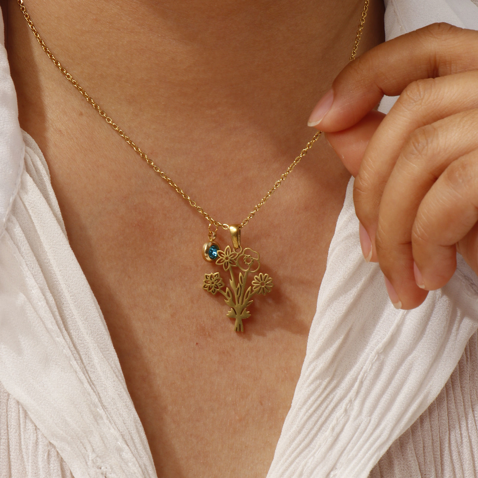 Изображение 18K настоящее золото с покрытием Кабельные Цепи Цветы Ожерелье с подвеской, 304 Нержавеющая Сталь 45см + 5см, Для женщин, Элегантный Свой Камень подарок, Экологичное вакуумное PVD-покрытие, 1 ШТ