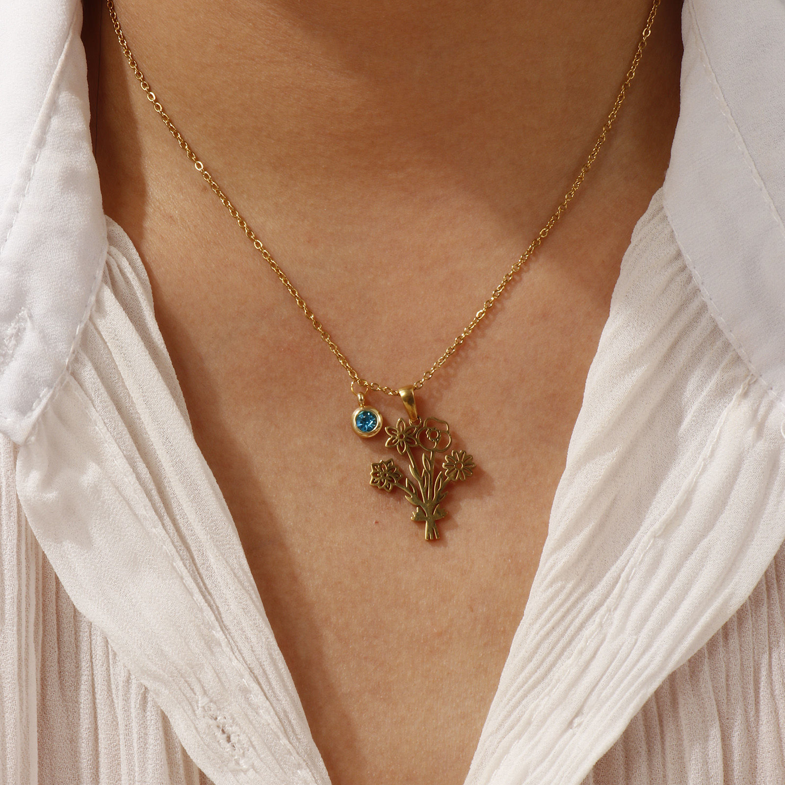 Изображение 18K настоящее золото с покрытием Кабельные Цепи Цветы Ожерелье с подвеской, 304 Нержавеющая Сталь 45см + 5см, Для женщин, Элегантный Свой Камень подарок, Экологичное вакуумное PVD-покрытие, 1 ШТ