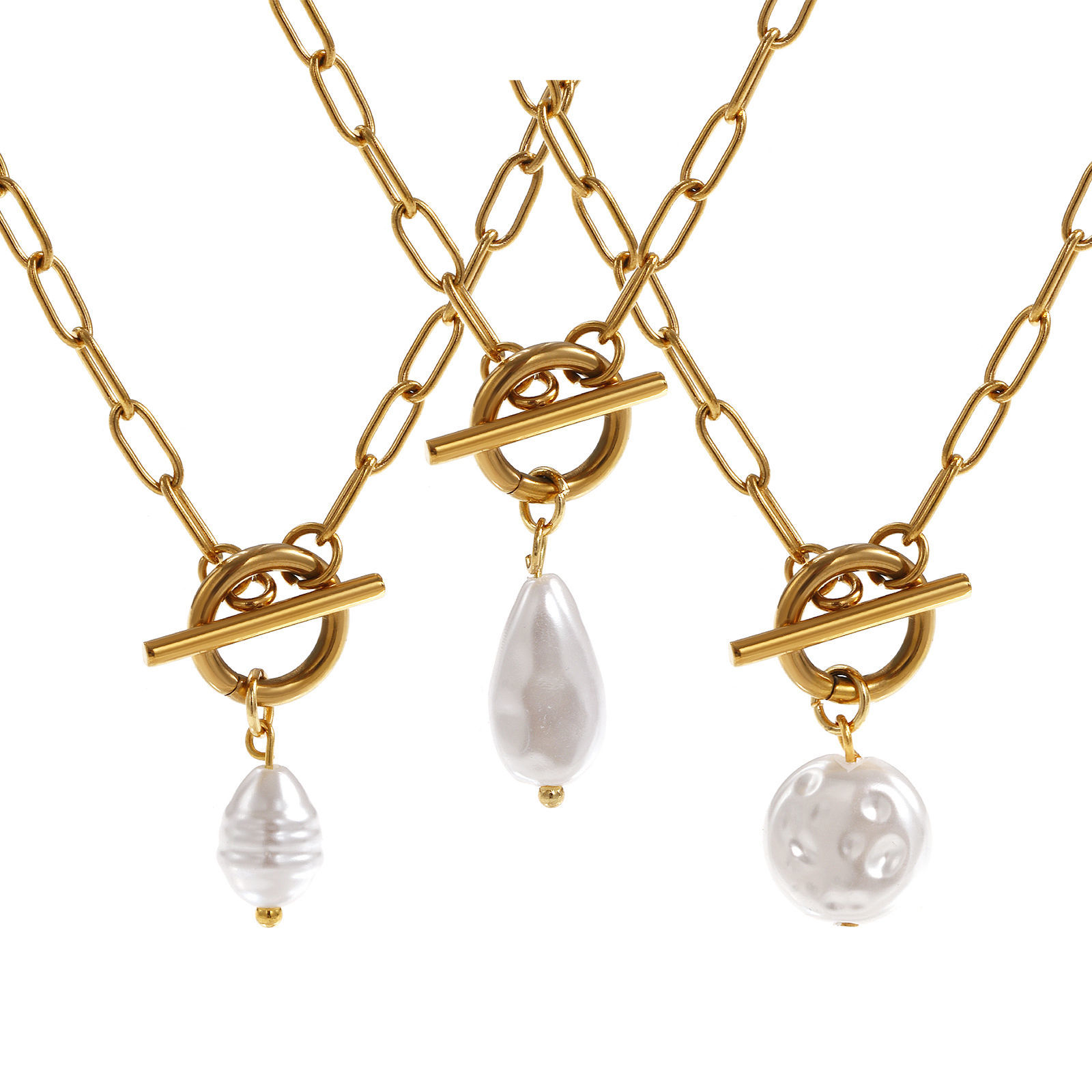 Bild von 18K Real Gold Plated Paperclip Link Chain Pendant Charm Necklace, 304 Stainless Steel 45cm(17.7"), For Women, White Acrylic Imitation Pearl, Exquisite Gift, Eco-friendly PVD Vacuum Plating, 1 Piece