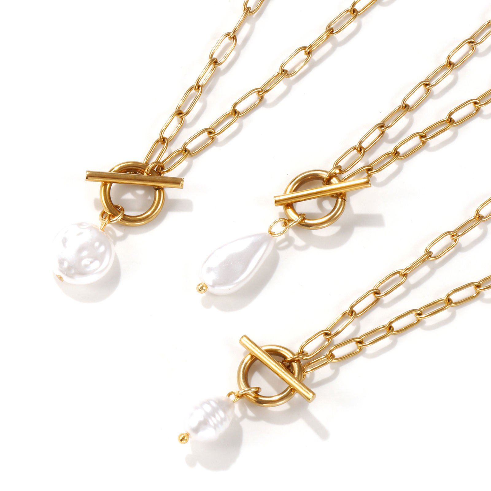 Bild von 18K Real Gold Plated Paperclip Link Chain Pendant Charm Necklace, 304 Stainless Steel 45cm(17.7"), For Women, White Acrylic Imitation Pearl, Exquisite Gift, Eco-friendly PVD Vacuum Plating, 1 Piece
