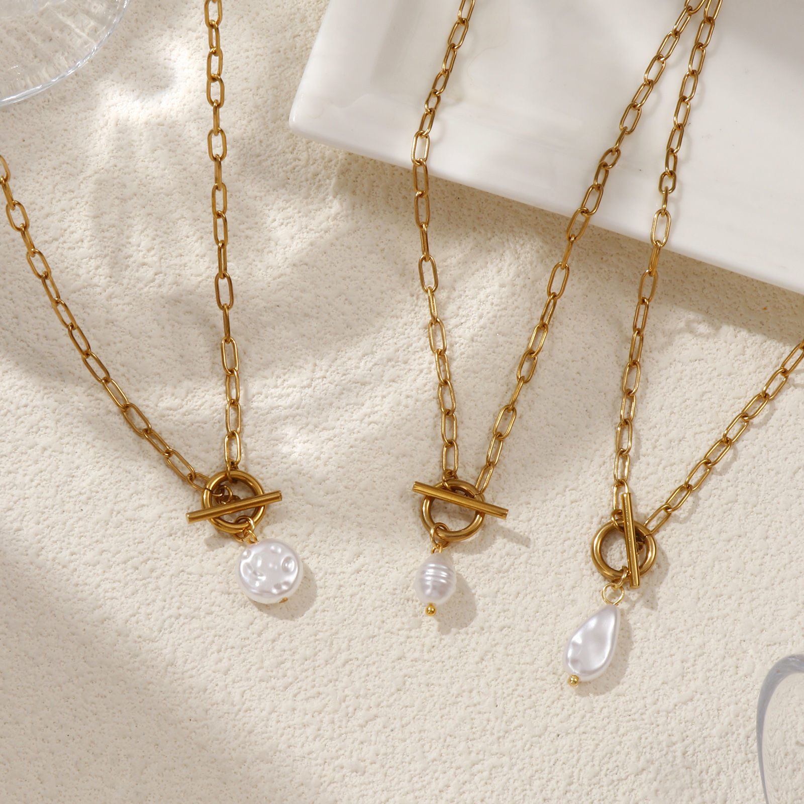 Bild von 18K Real Gold Plated Paperclip Link Chain Pendant Charm Necklace, 304 Stainless Steel 45cm(17.7"), For Women, White Acrylic Imitation Pearl, Exquisite Gift, Eco-friendly PVD Vacuum Plating, 1 Piece